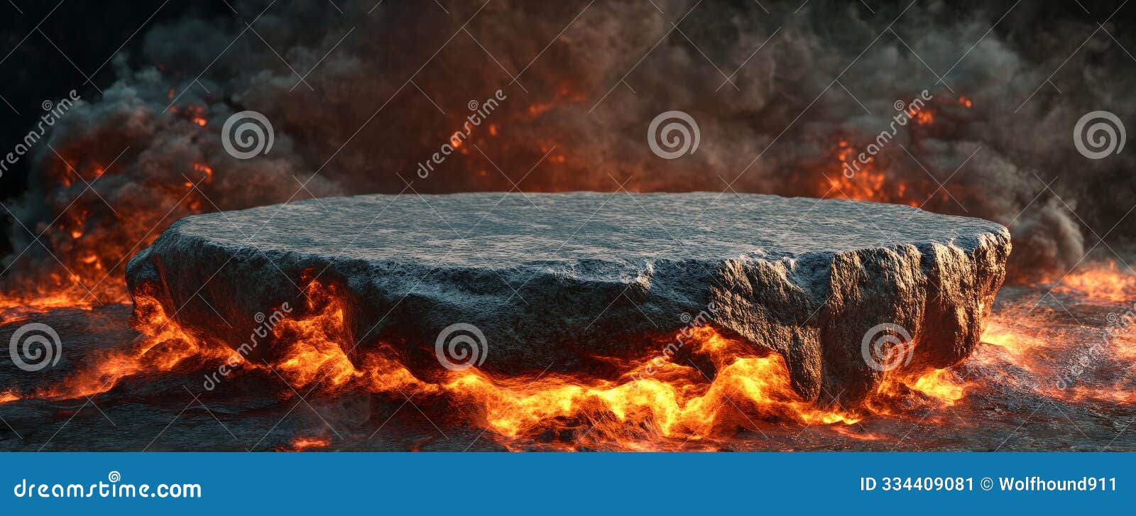 a stone podium made of volcanic rock, set against a backdrop of flowing lava and smoke, creating a