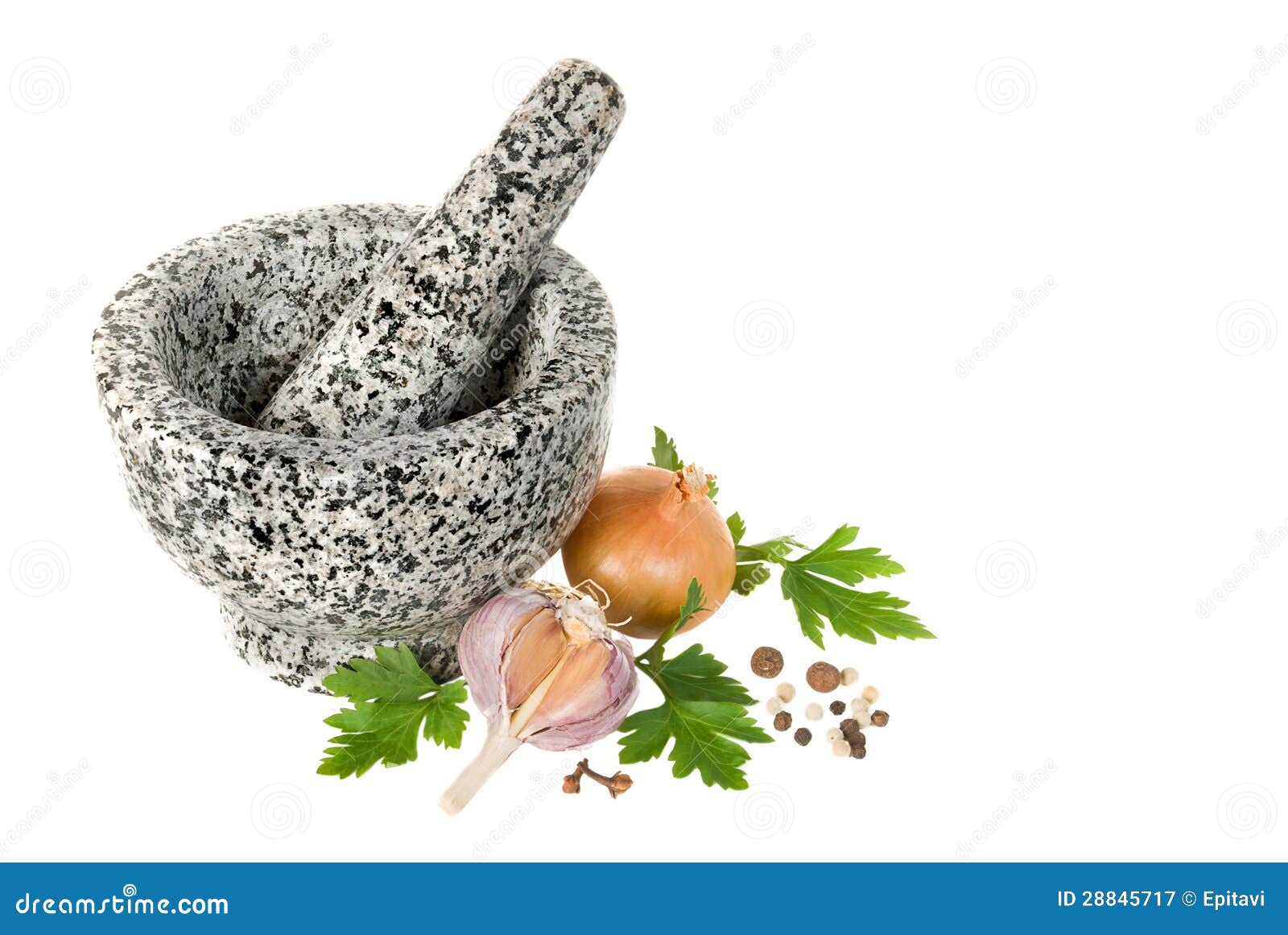 stone pounder with spices on a white background