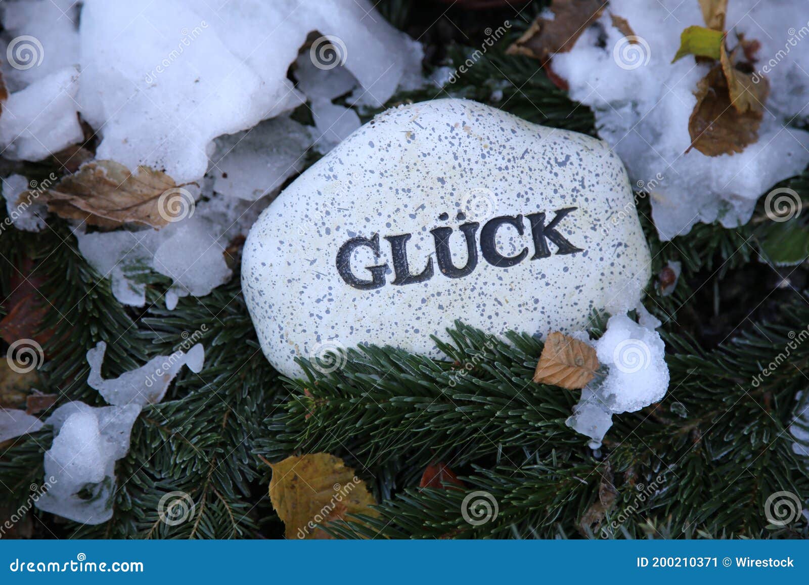 stone on snowy tree branches with an inscription in german gluck meaning luck