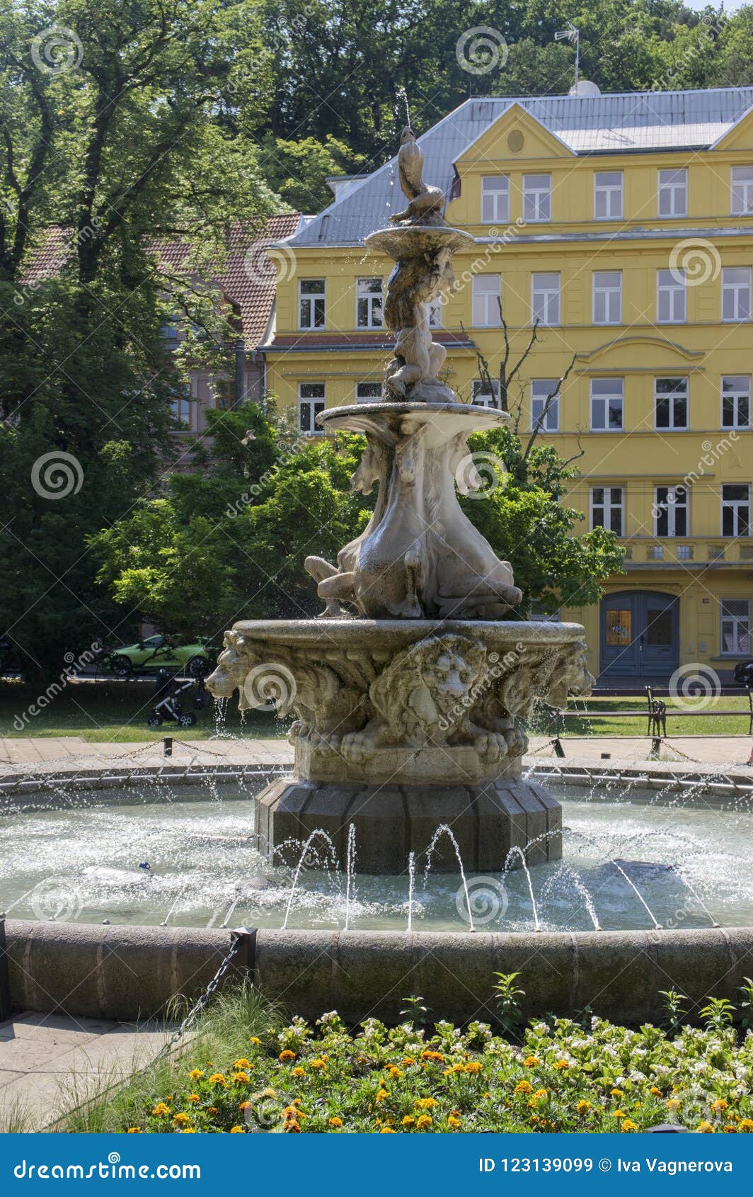 Stone Spa And Marble Horse Fountain In Town Teplice V Cechach