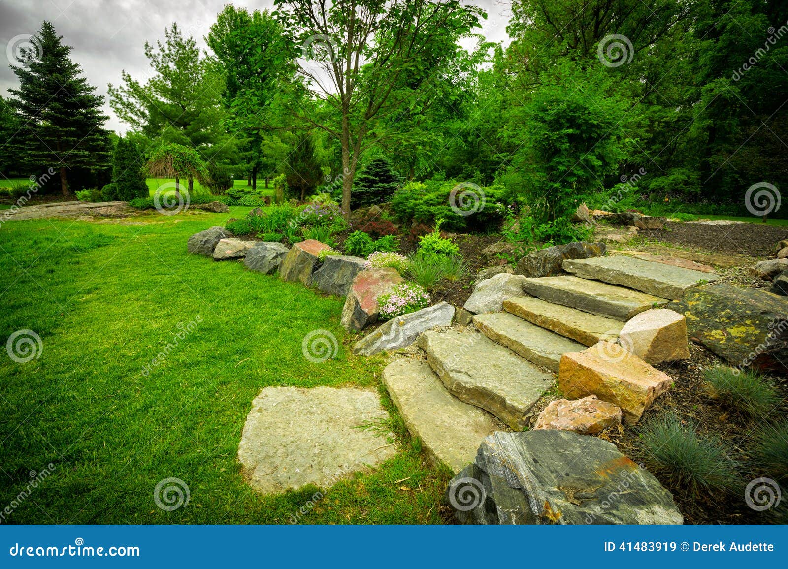 Stone Stairway On A Lush Green Garden Path Stock Photo ...