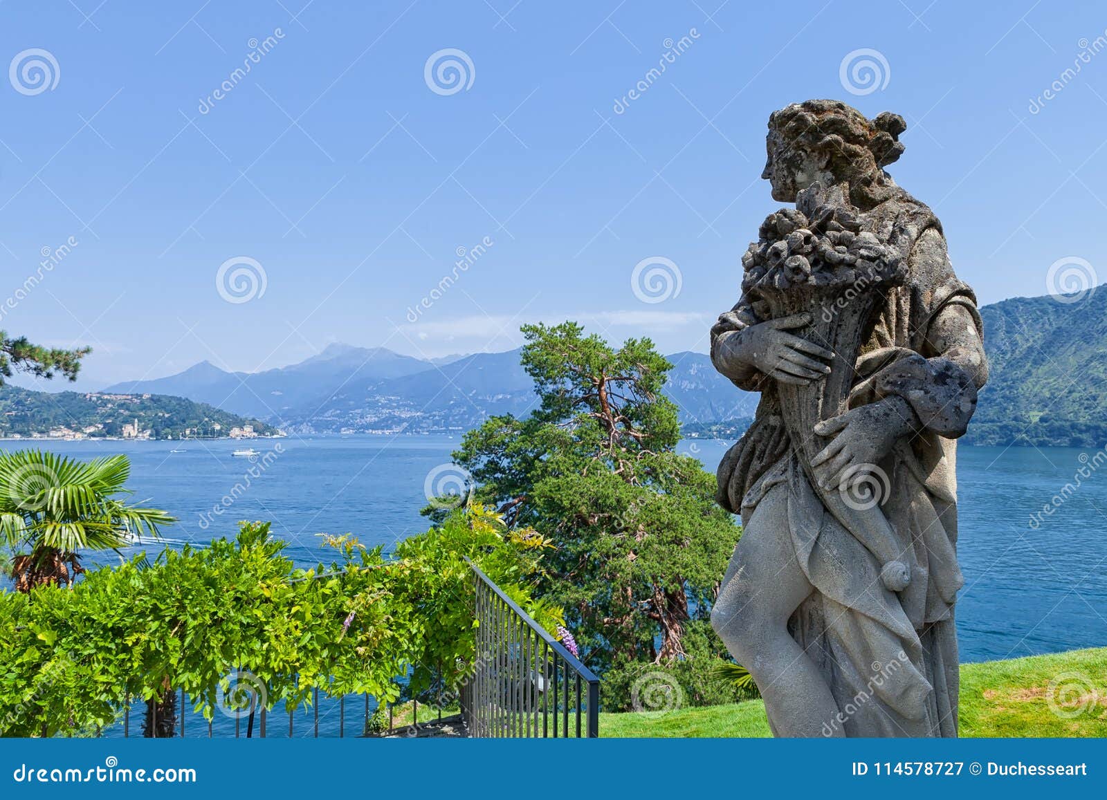 stone statue in the park of villa del balbianello, lenno, lombardia, italy