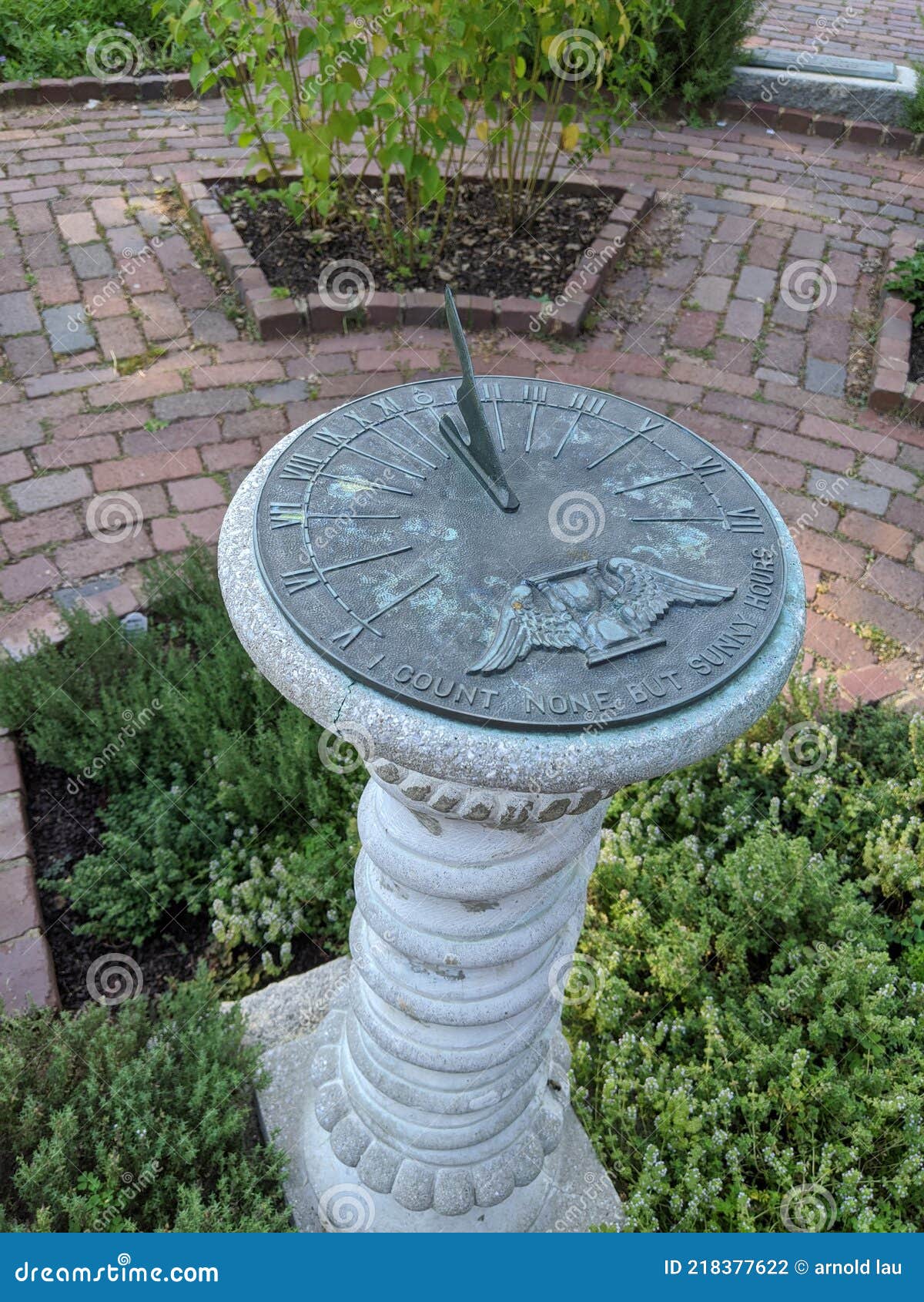 Stone Sundial Garden Brick Walk Stock Photo Image of courtyard