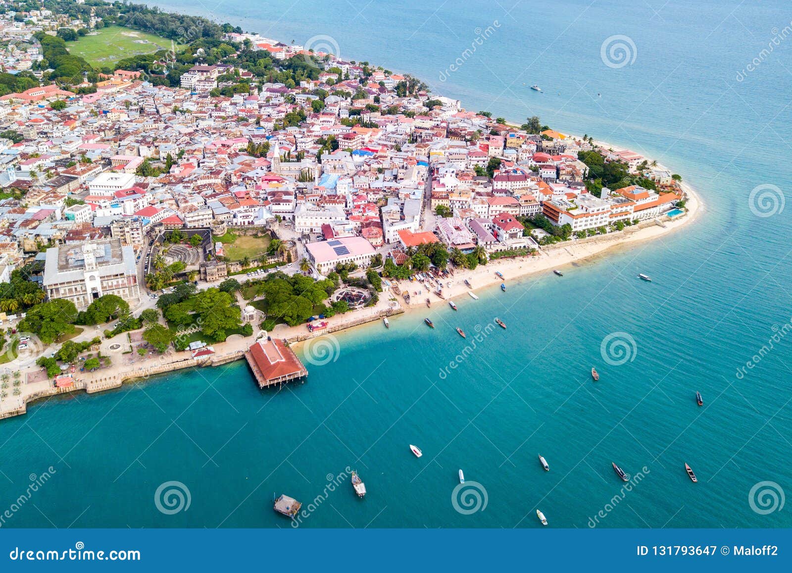 stone town, old colonial center of zanzibar city. house of wonders. the old fort. unguja, tanzania. aerial view.