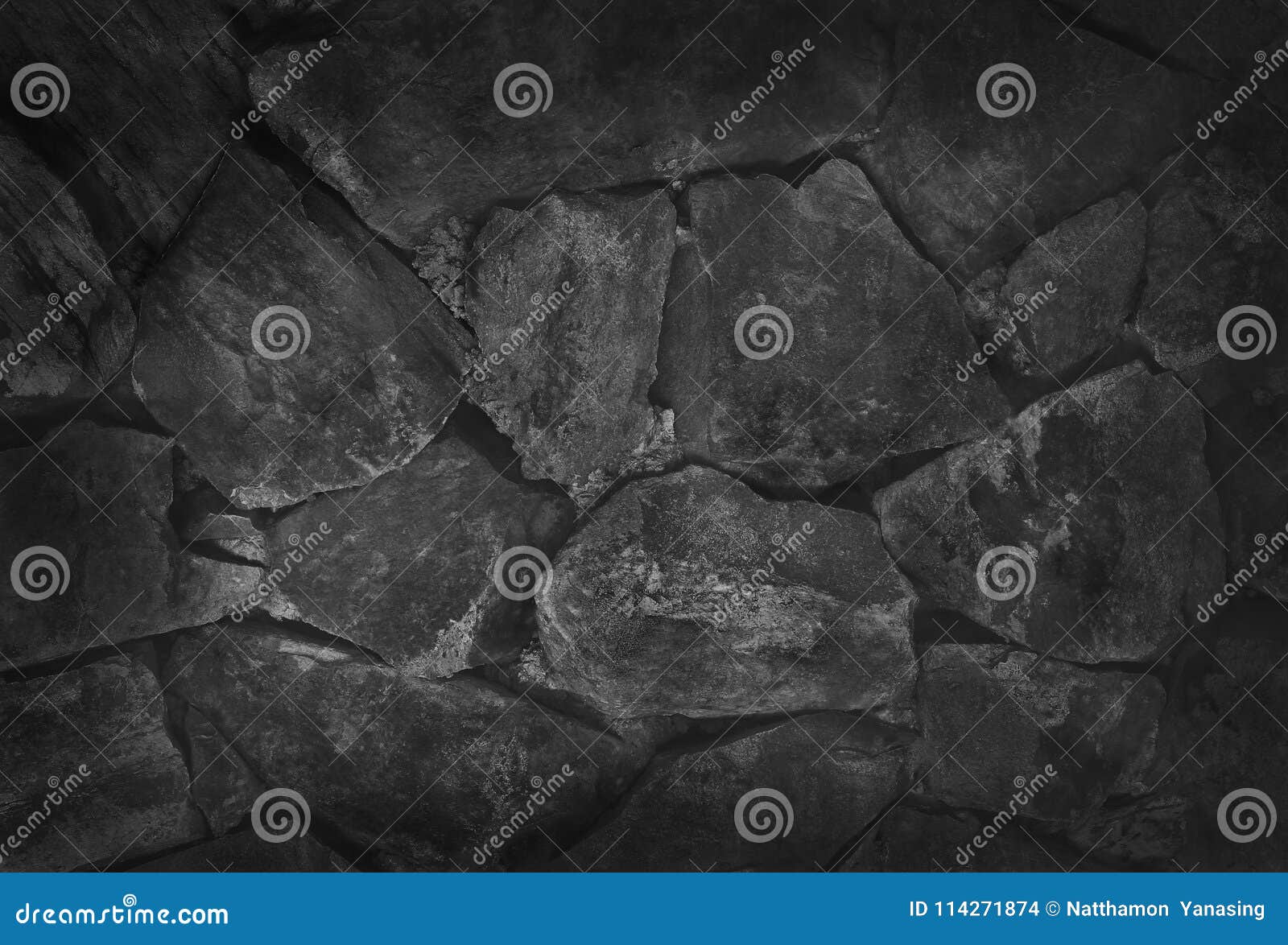 Stone Wall Background, Black Rock Texture in Natural Pattern Stock