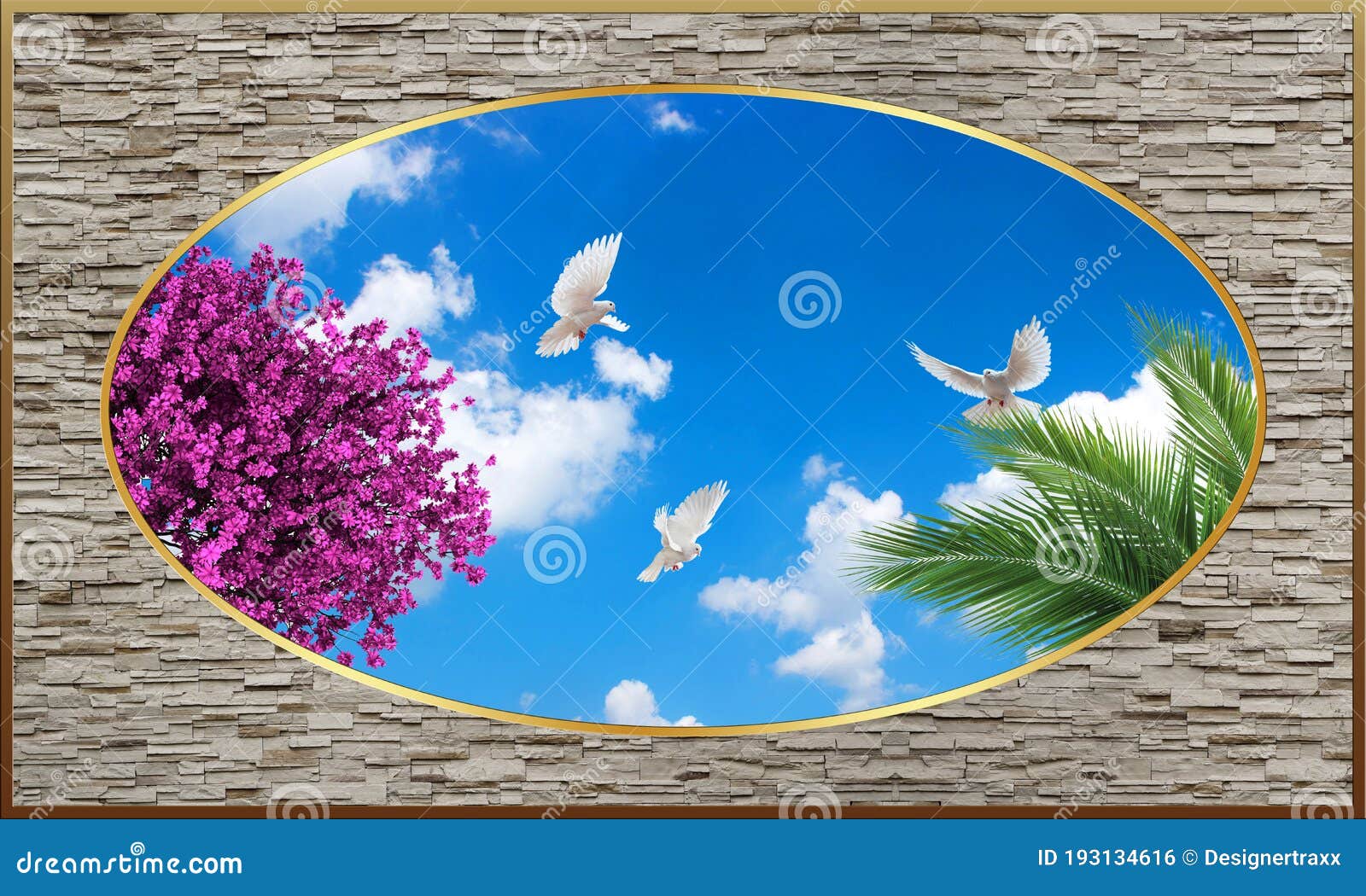 Stone Wall Ceiling Wallpapers,palm Tree and Pigeons Stock Photo Image
