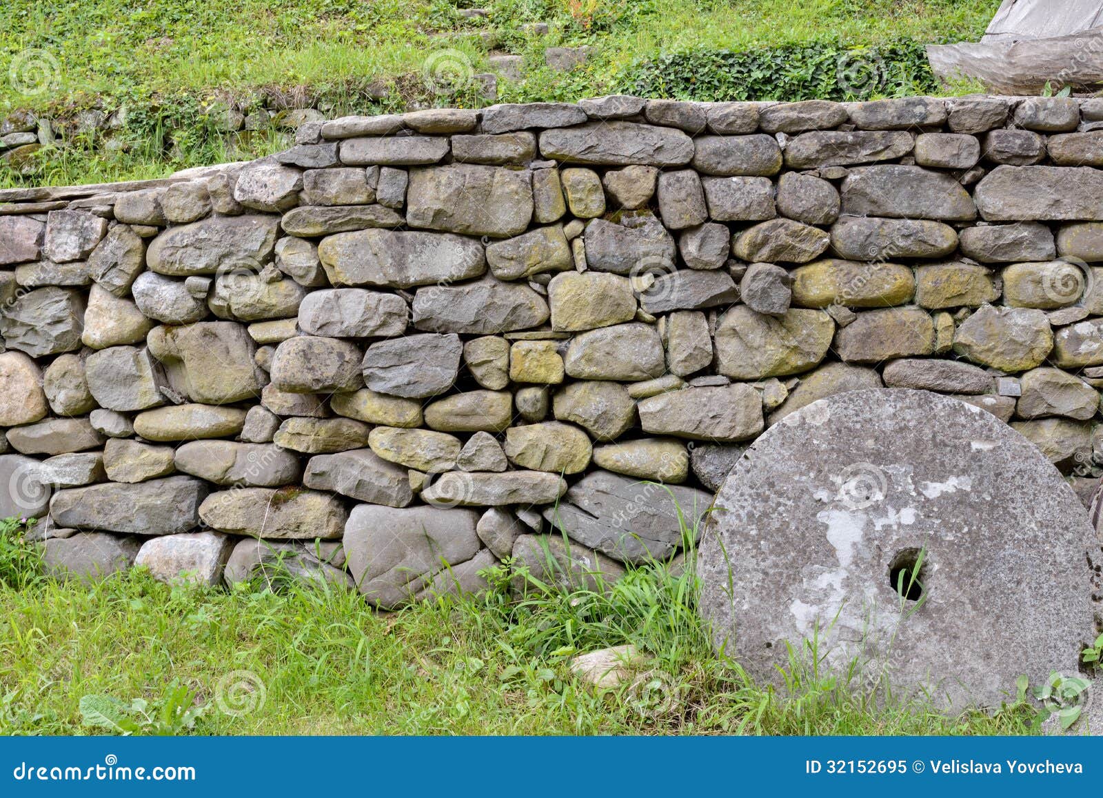 Stone Wall and Green Grass in the Backyard Stock Image Image of
