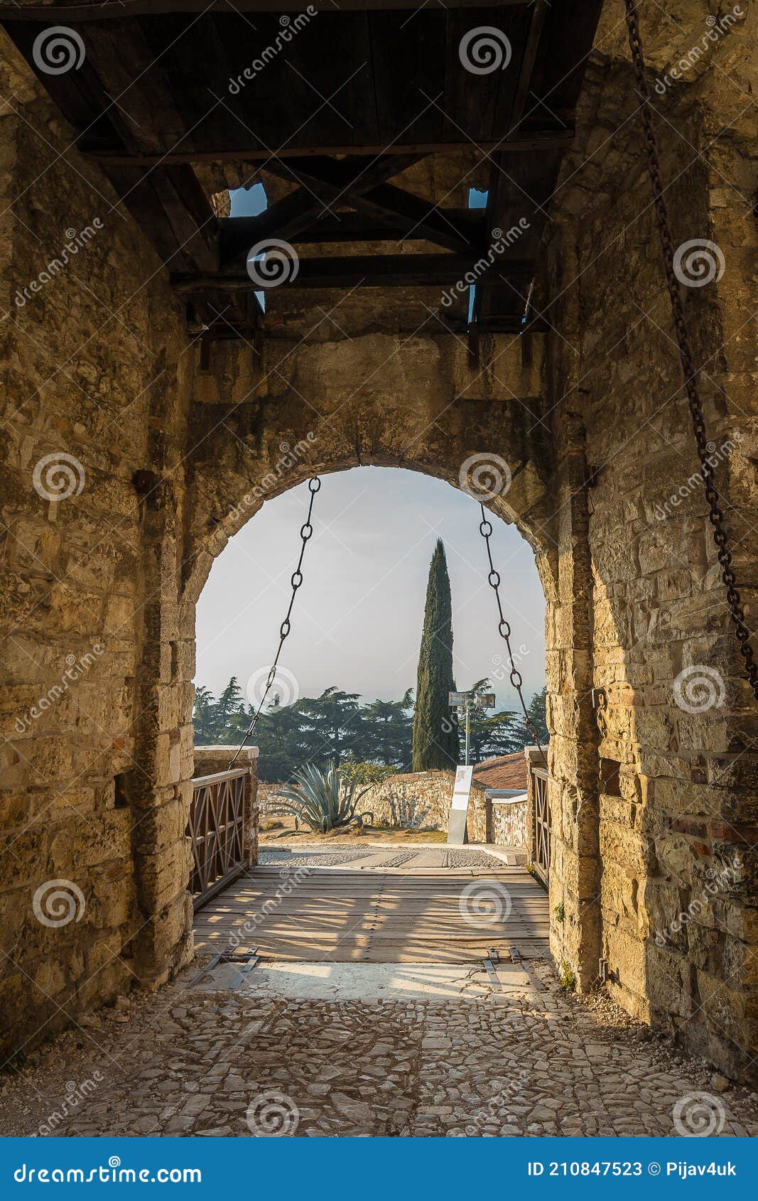 drawbridge gate of medieval castle of brescia on colle cidneo