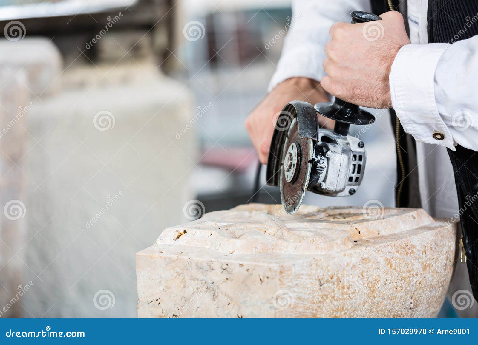 Stonemason Cutting Marble with Angle Grinder Stock Photo Image of