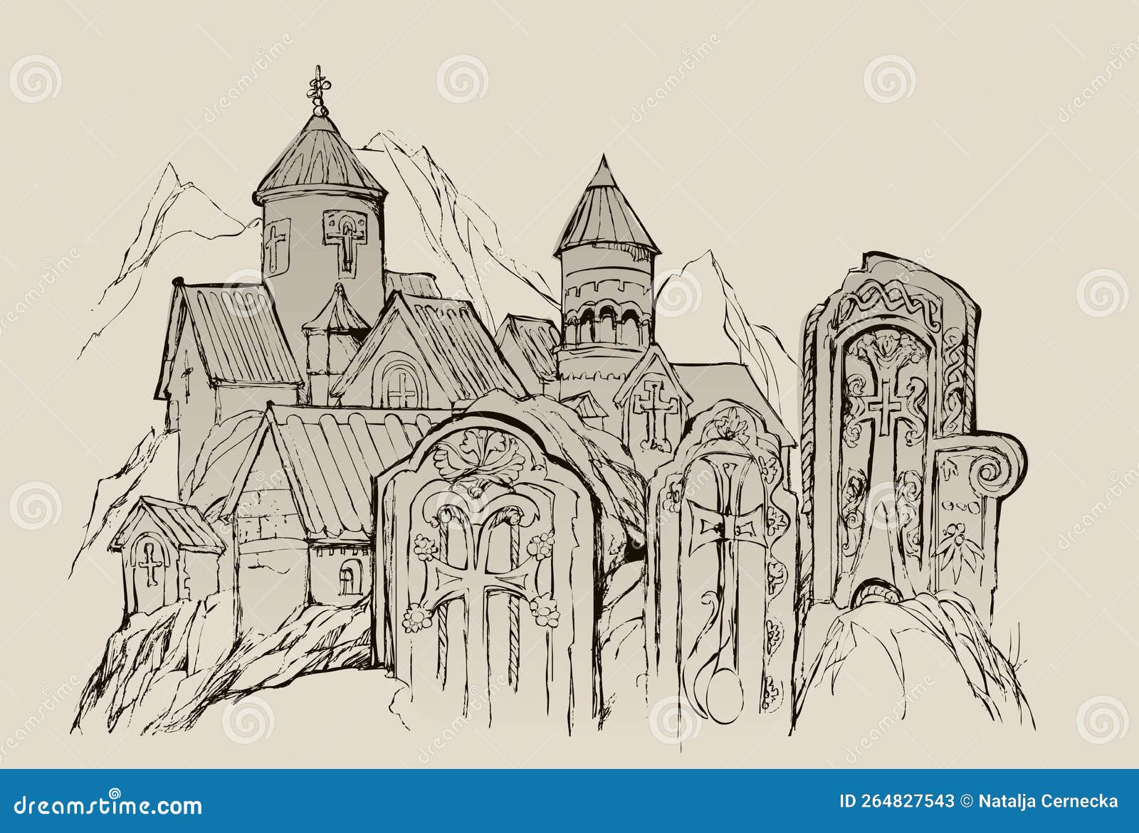 stones of armenia. sketch of ancient church and old armenian khachkar crosses. drawing from nature in vicinity lake sevan. hand