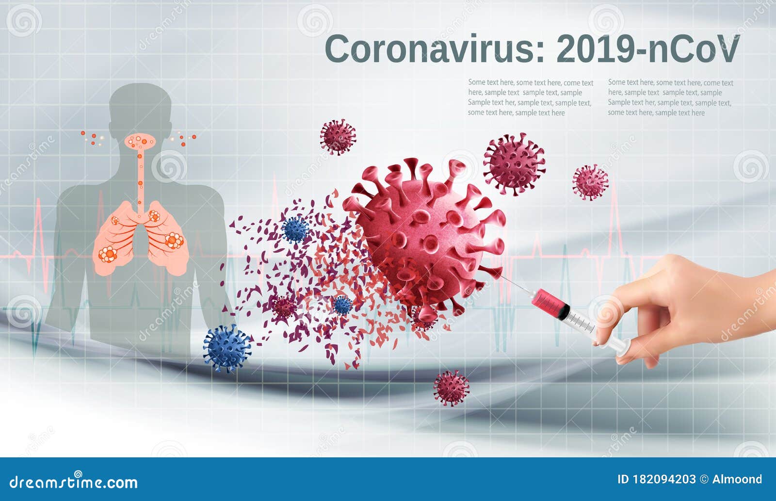 stop coranavirus concept. hand holding syringe with vaccine destroying virus covid