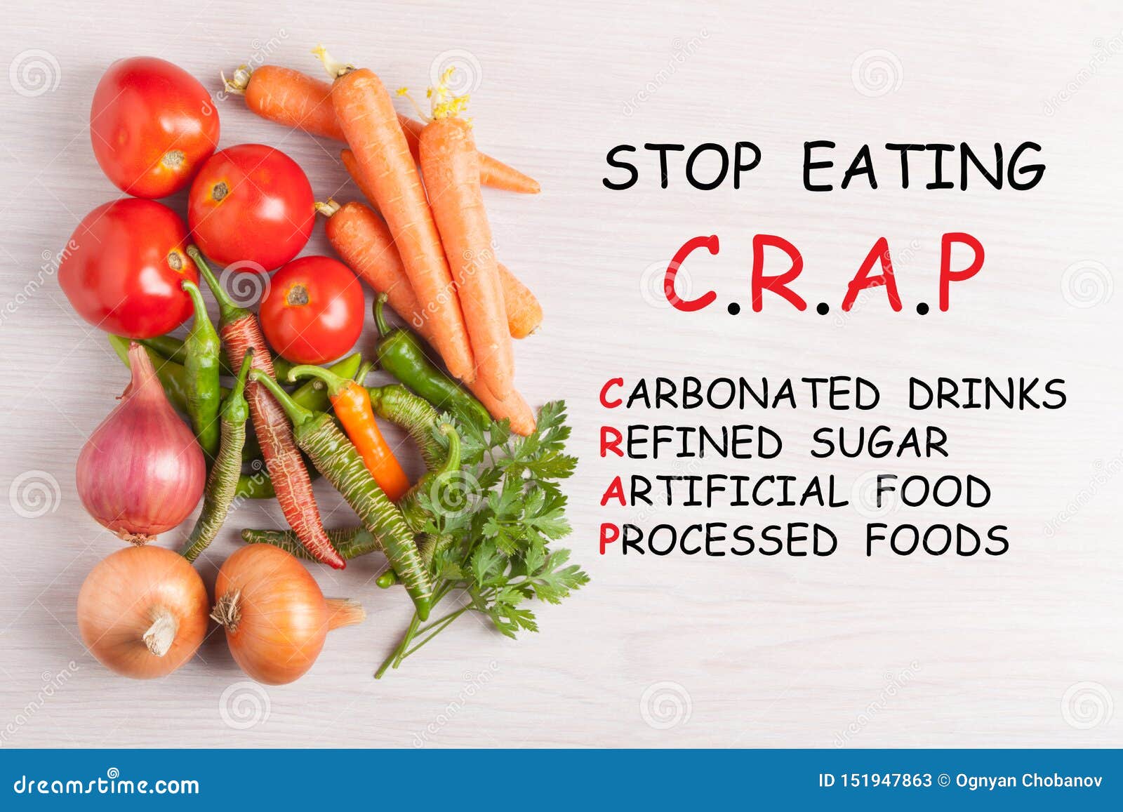 stop eating crap text and group vegetables