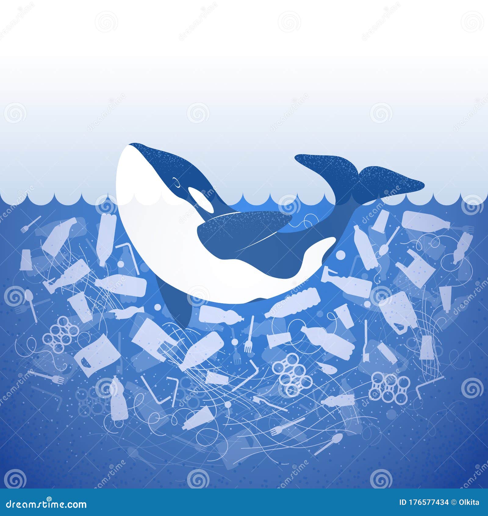 Stop Ocean Plastic Pollution. Ecological Poster Orca in Water with ...