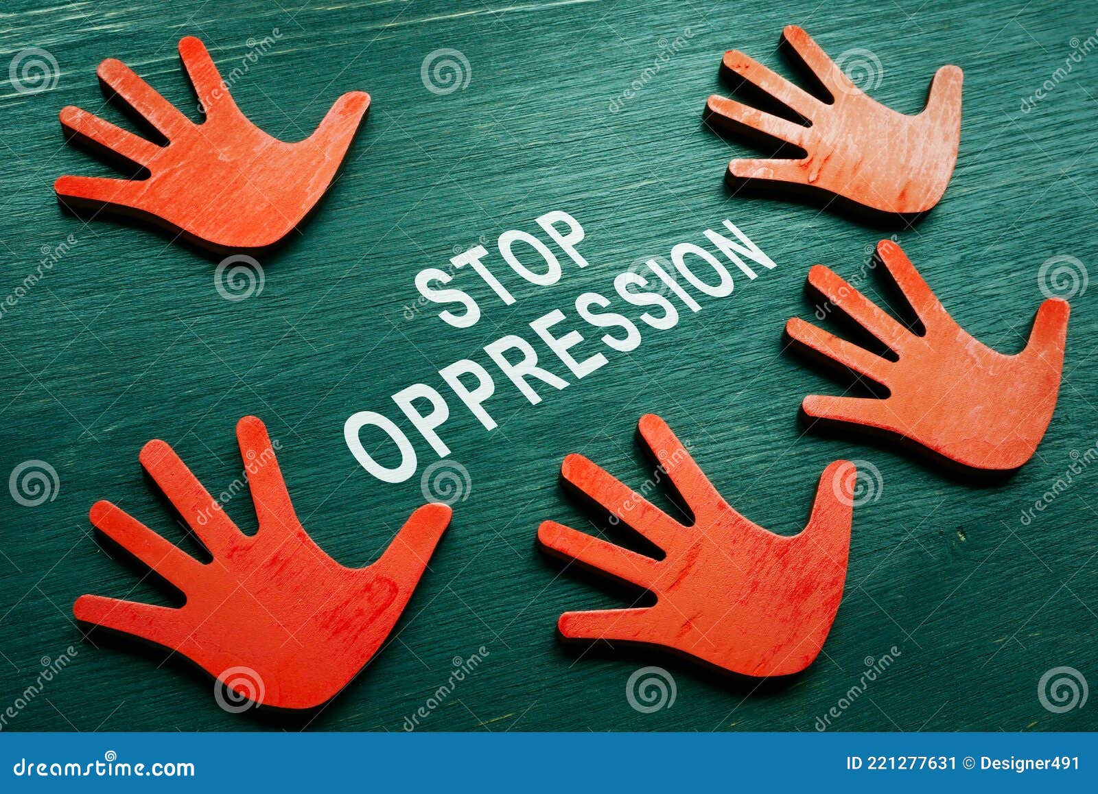 stop oppression concept. red hands and phrase.