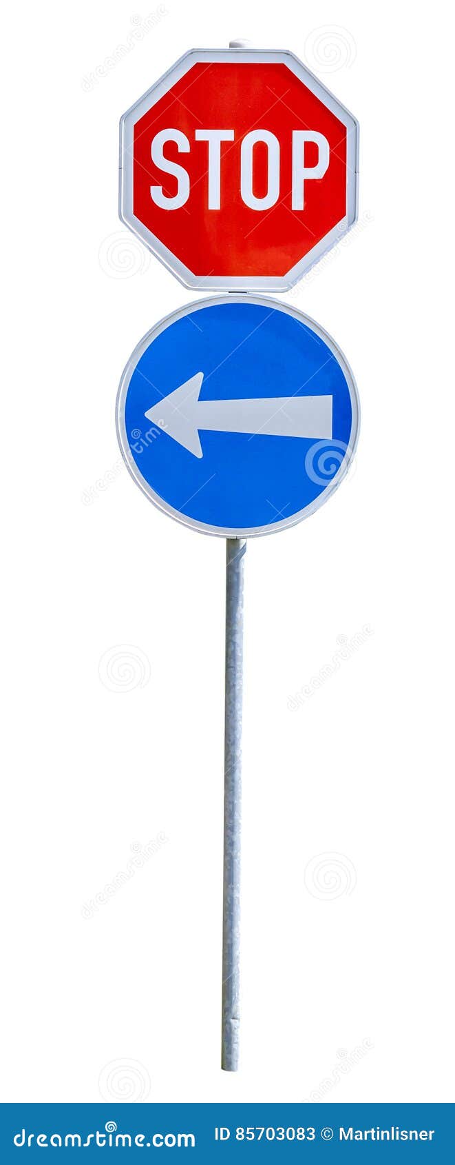 Stop Sign and Blue Sign of a Symbol Arrow on White Stock Image Image