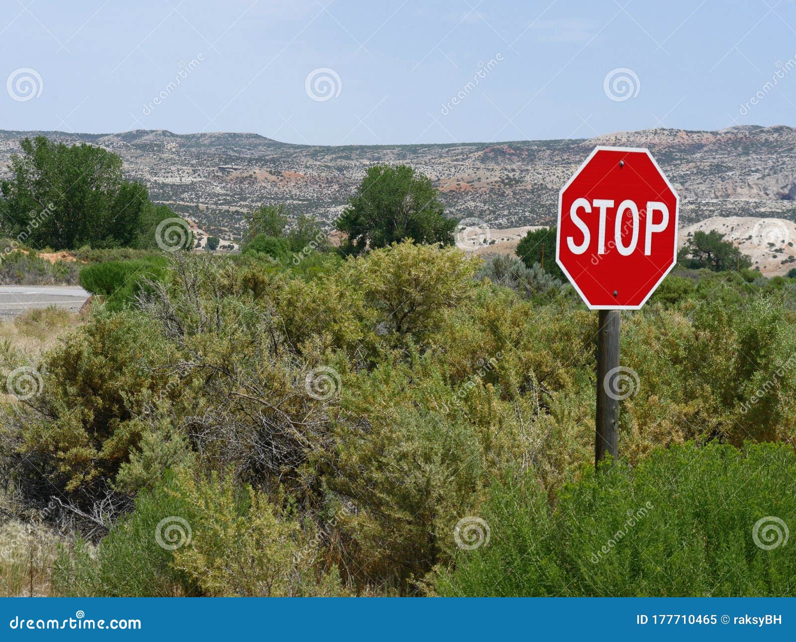 Stop Sign Erected Along the Highway in Cody, Wyoming Stock Image