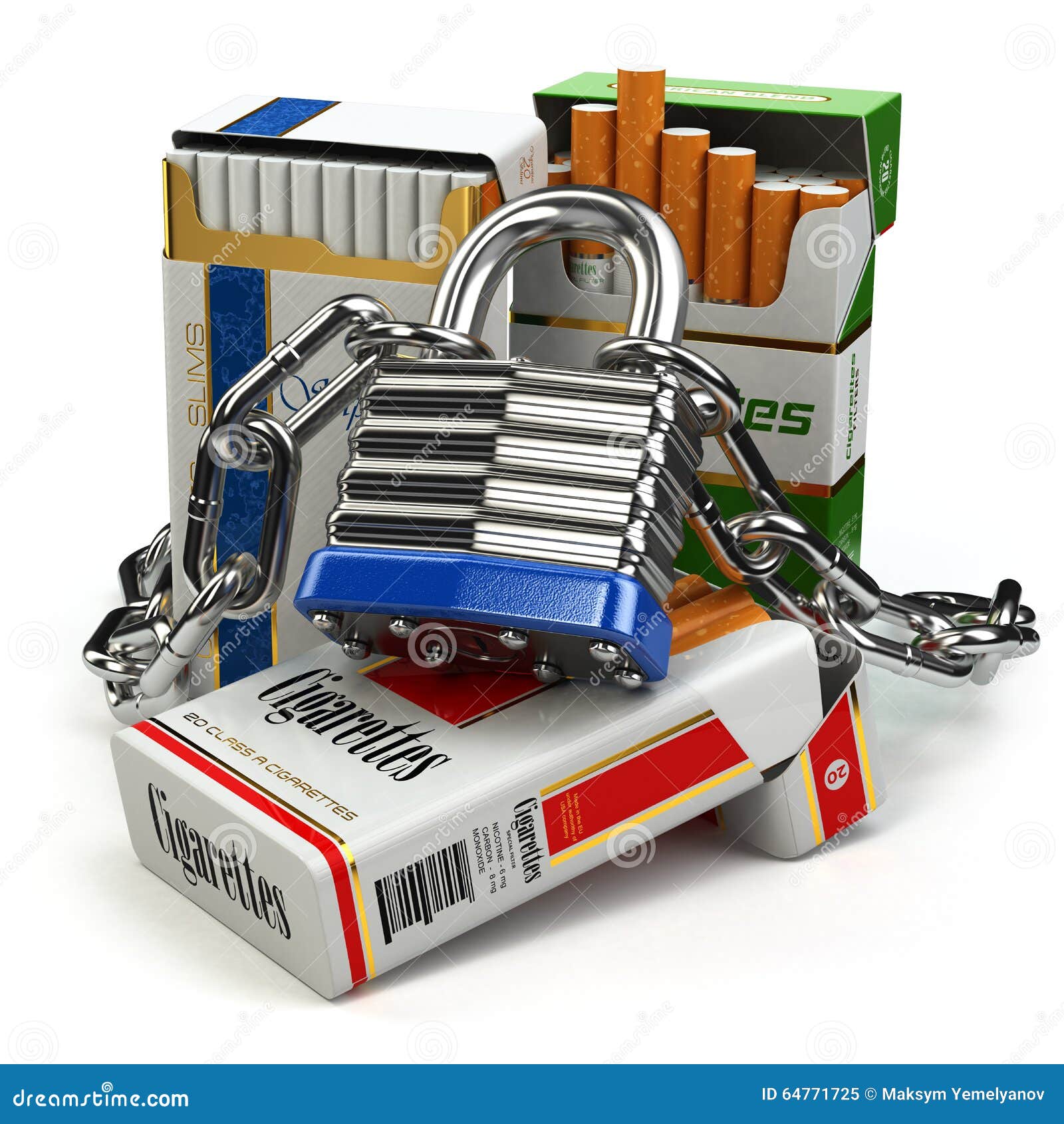 Stop Smoking Concept. Pack of Cigarettes and Lock with Chain Stock