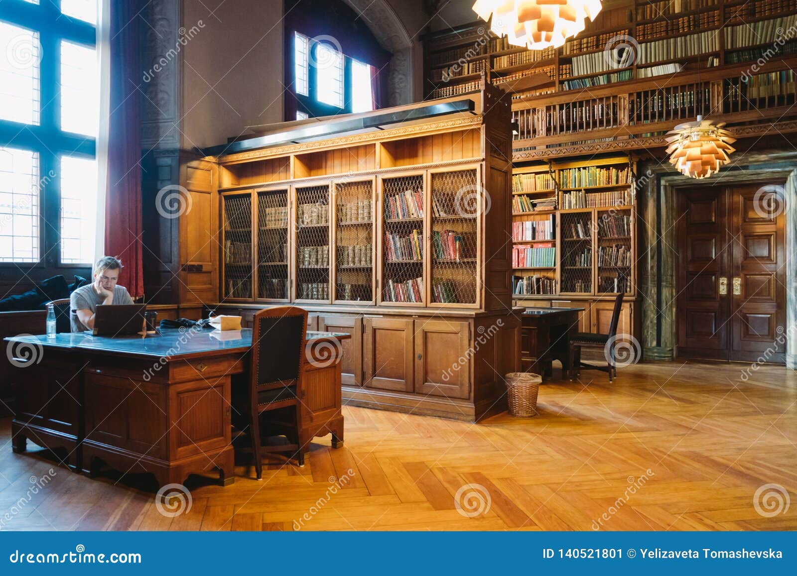 Storage of Books. Large Old Library in the Gothic Style. Shelves and ...