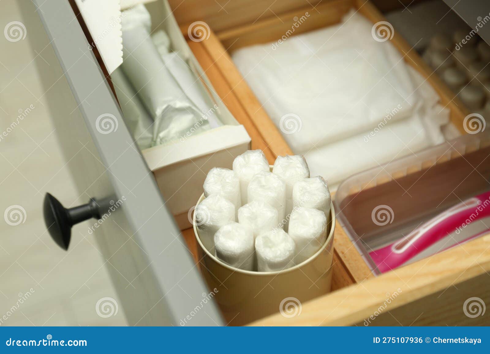 Storage of Different Feminine Hygiene Products in Drawer, Closeup Stock