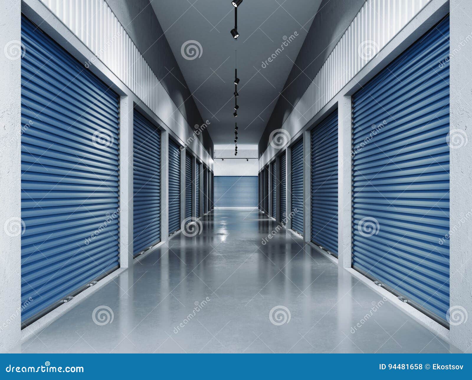 storage facilities with blue doors.3d rendering
