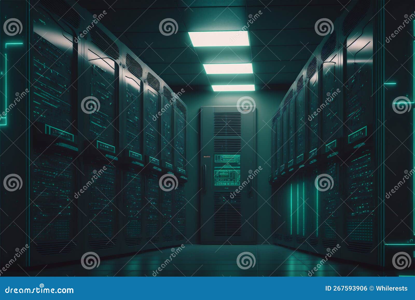 Storage Server Racks Room with Big Data Cyber Network. Green Light