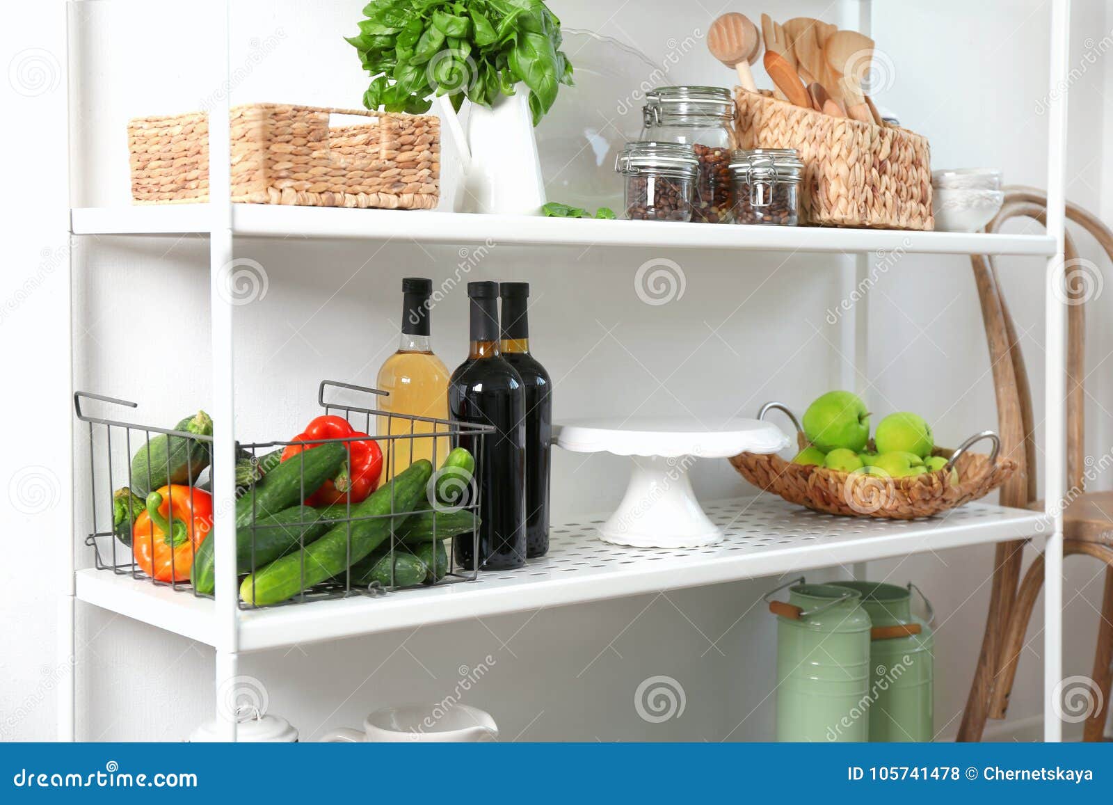 Storage Stand with Kitchenware and Food Stuff, Stock Photo Image of