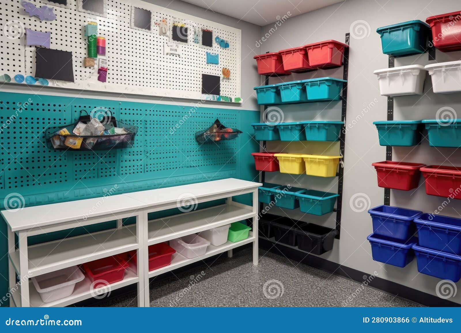 Storage Wall with Bins and Hooks for Organizing Tools and Supplies