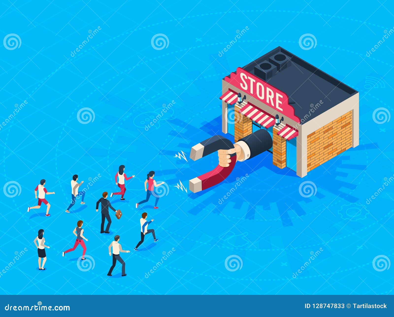 store attraction customers. market magnet attracted loyal customer. inbound marketing attract clients  isometric