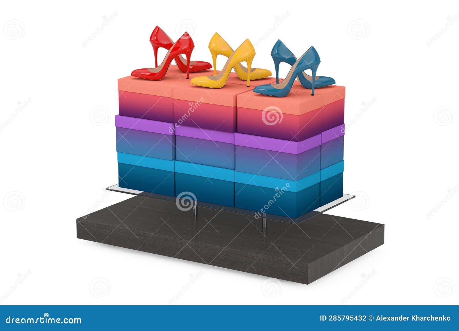 store product display showcase rack shelves with woman shoe boxes and high heels wooman shooes. 3d rendering