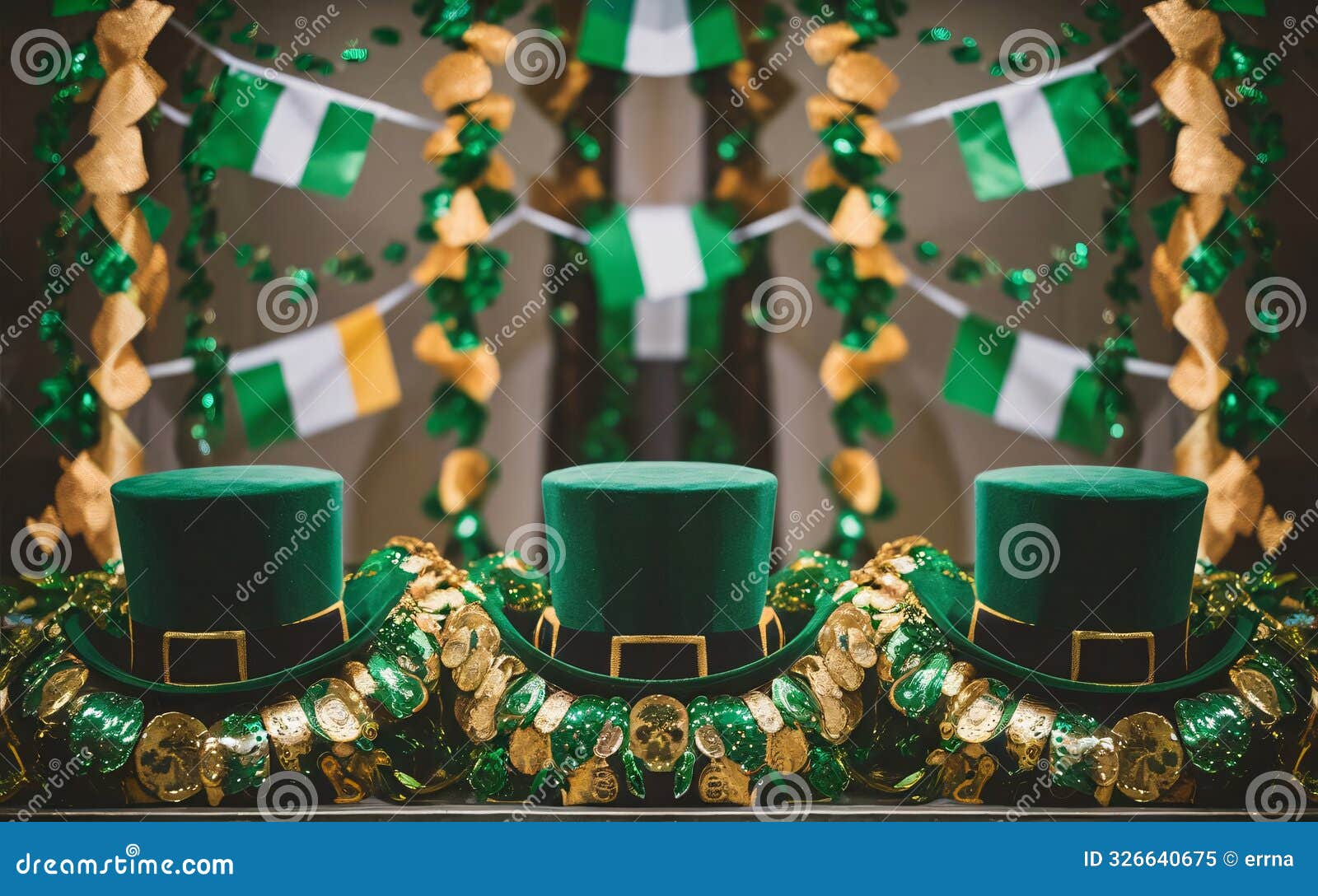 ai-generated, a window display in a store st. patrick's day merchandise, leprechaun hats, shamrock garlands, and irish flags