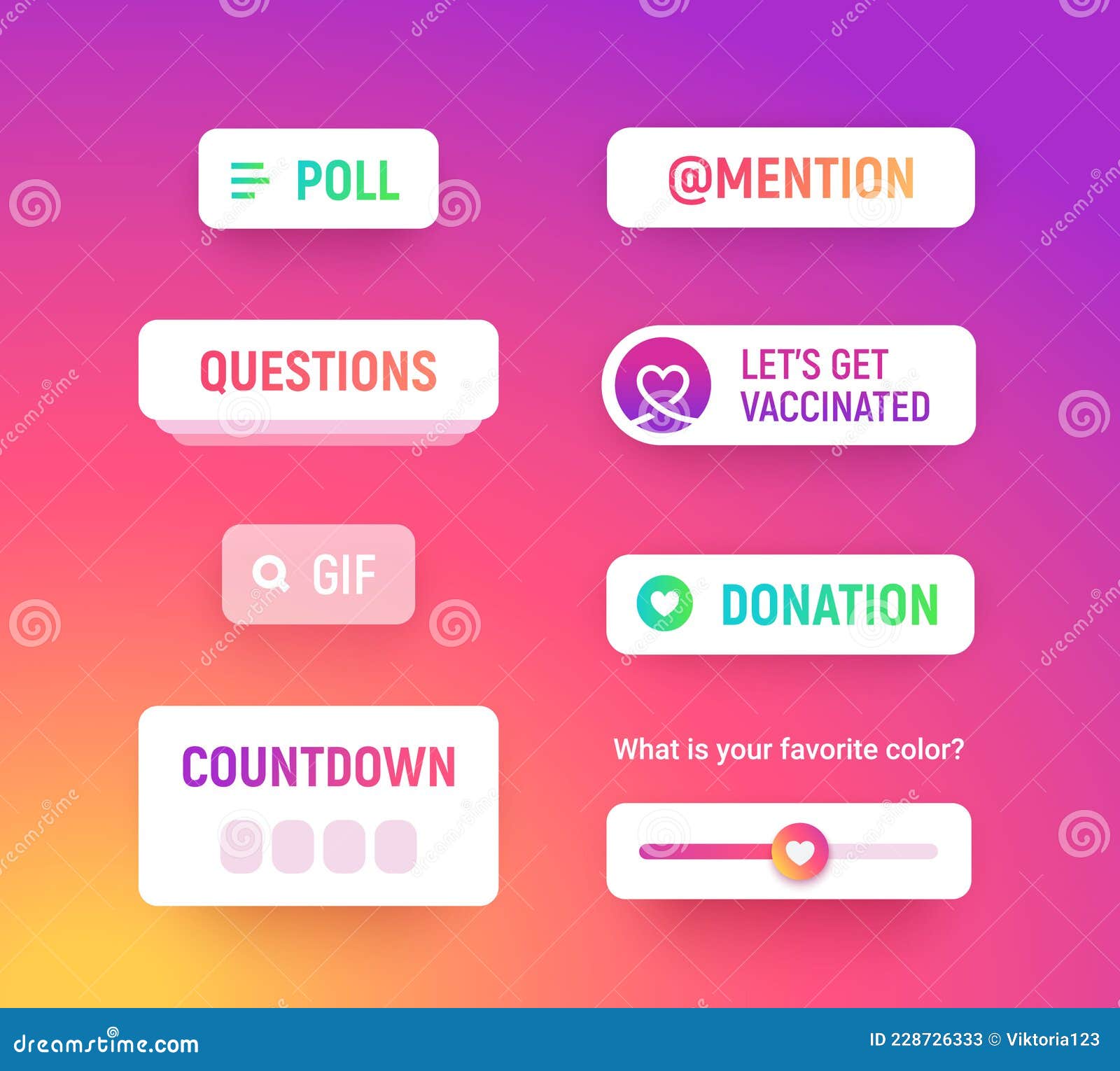 storie social media sticker, different insta labels on white box vaccinate, poll, countdown, mention icon, donation