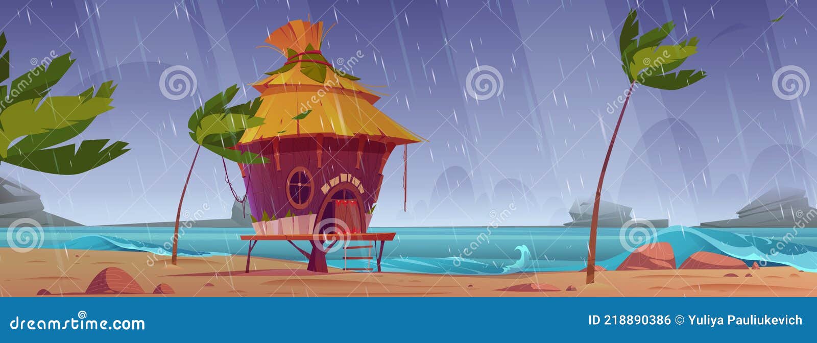 Storm on Beach with Hut or Bungalow Under Rain Stock Vector ...