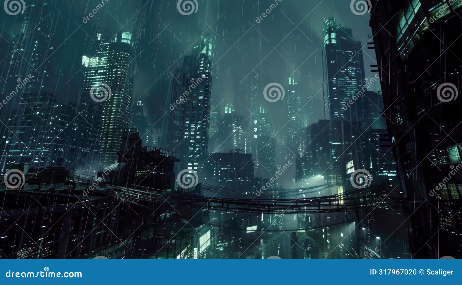 storm in cyberpunk city at night, dramatic aerial view of modern buildings in rain. concept of dystopia, future, skyscraper,