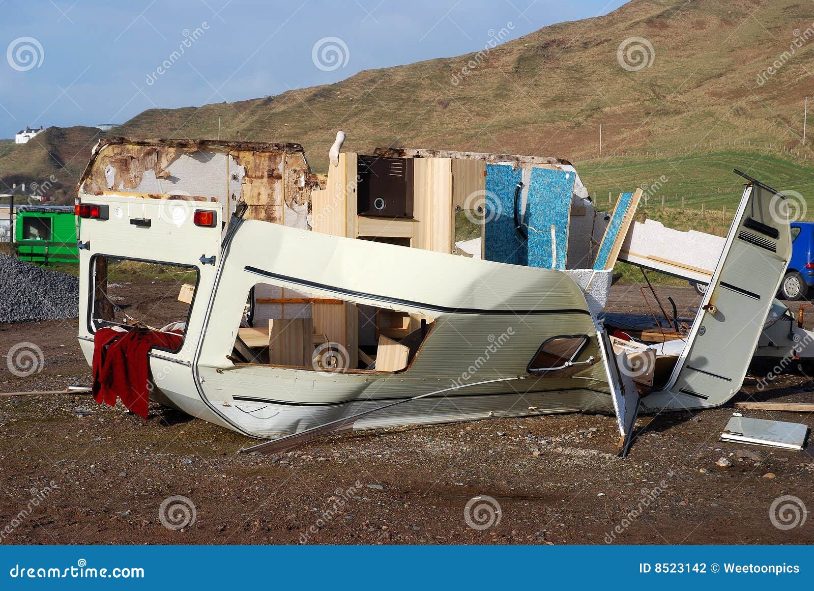 Storm Damage. Caravan Trailer after Atlantic Storm, mull of kintyre, West Coast of Scotland.