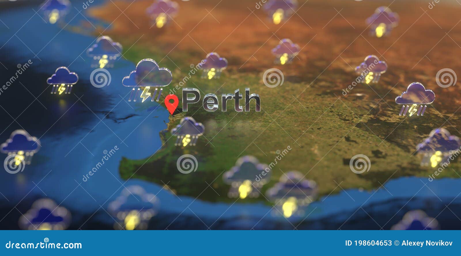 Stormy Weather Icons Near Perth City On The Map Weather Forecast Related 3d Rendering Stock Illustration Illustration Of Stormy Destination 198604653