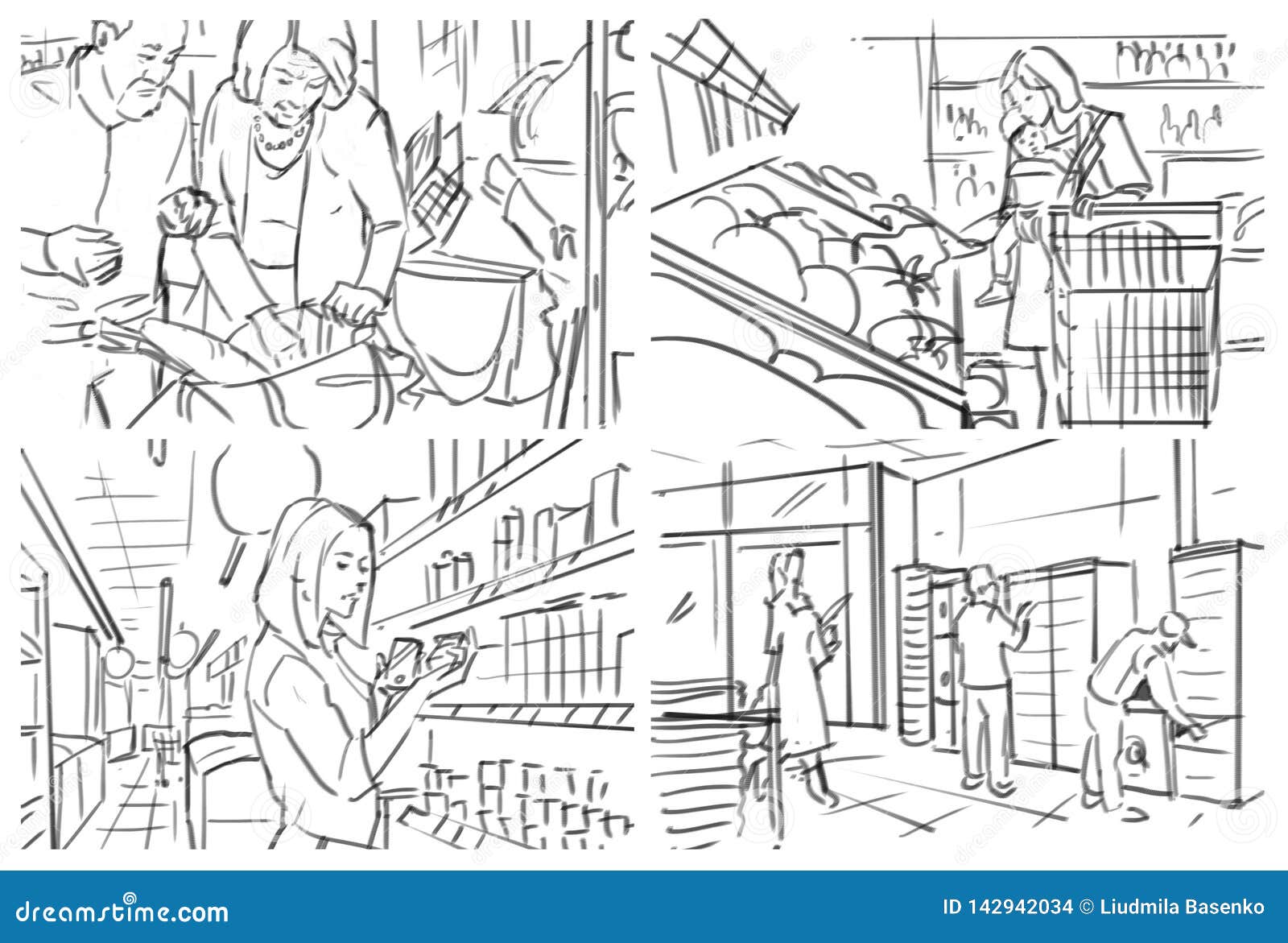 Storyboard of a Grocery Store Interior Stock Illustration