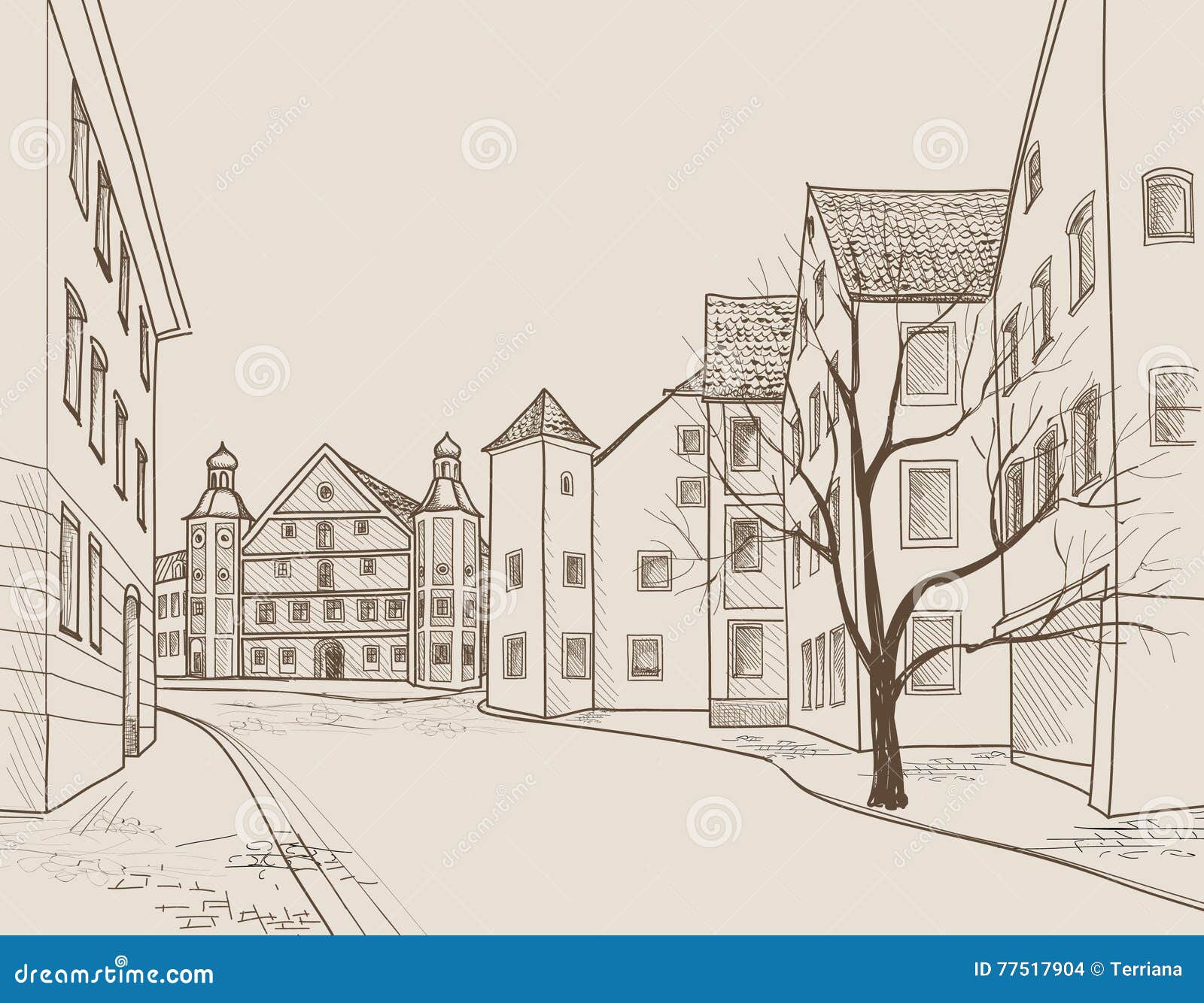 Strassenansicht In Alte Europaische Stadt Retro Stadtbild Hauser Gebaude Baum Auf Durchgang Stock Abbildung Illustration Von Hauser Stadt