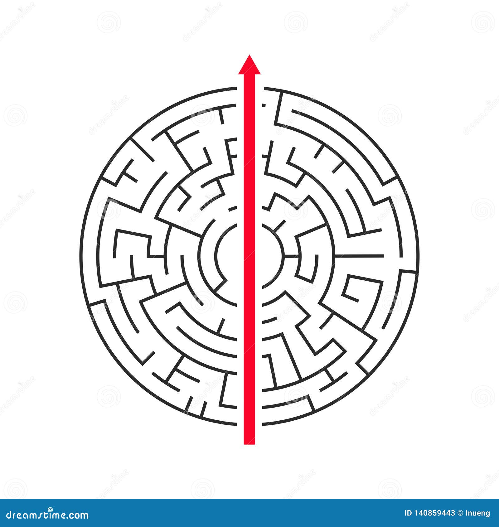 straight arrow going right through maze on white background.