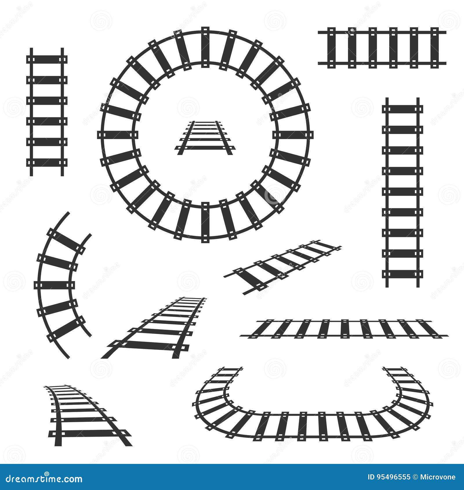 straight and curved railroad tracks  black icons