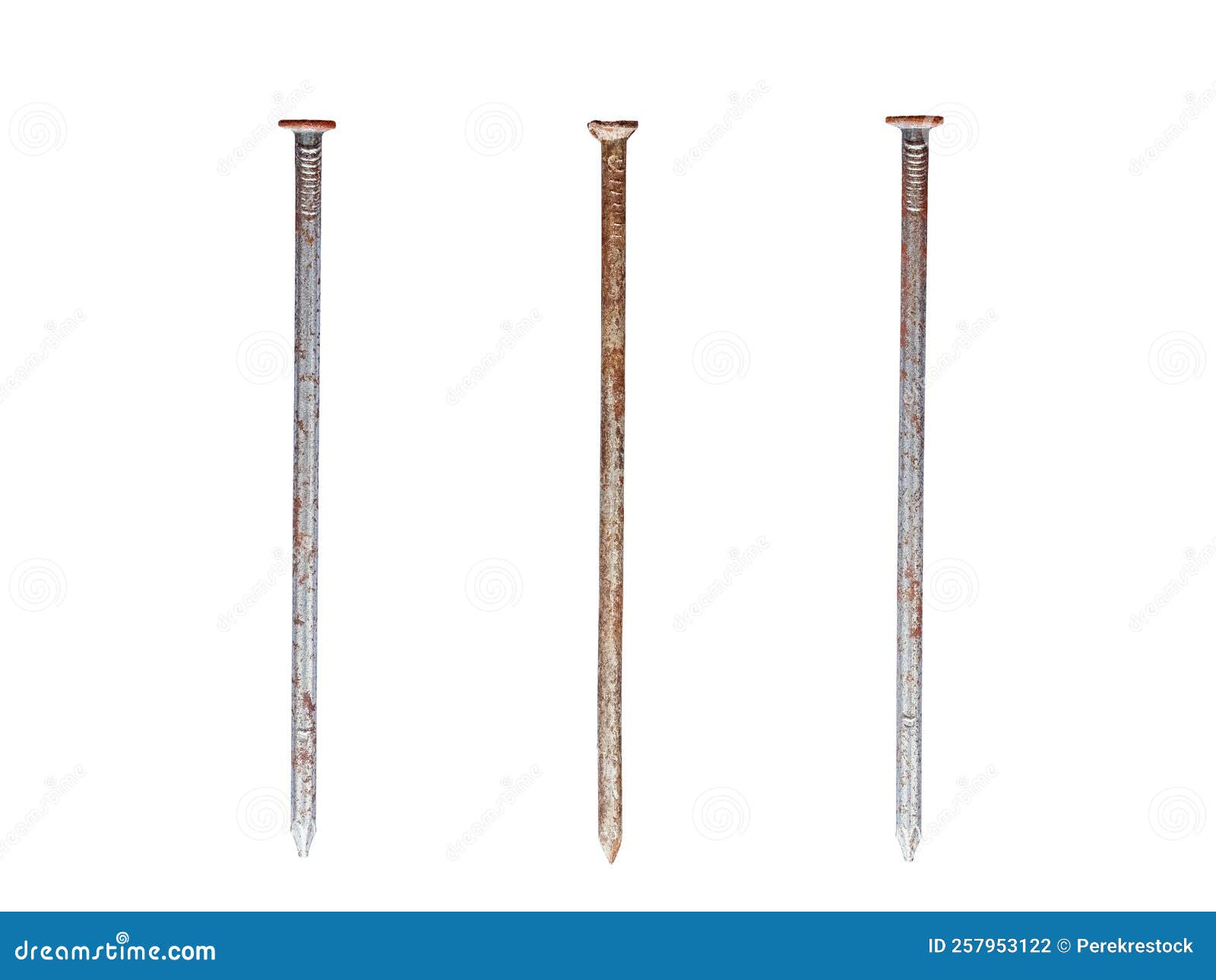 3 Straight Old Rusty Nails of Equal Length Isolated on White Stock