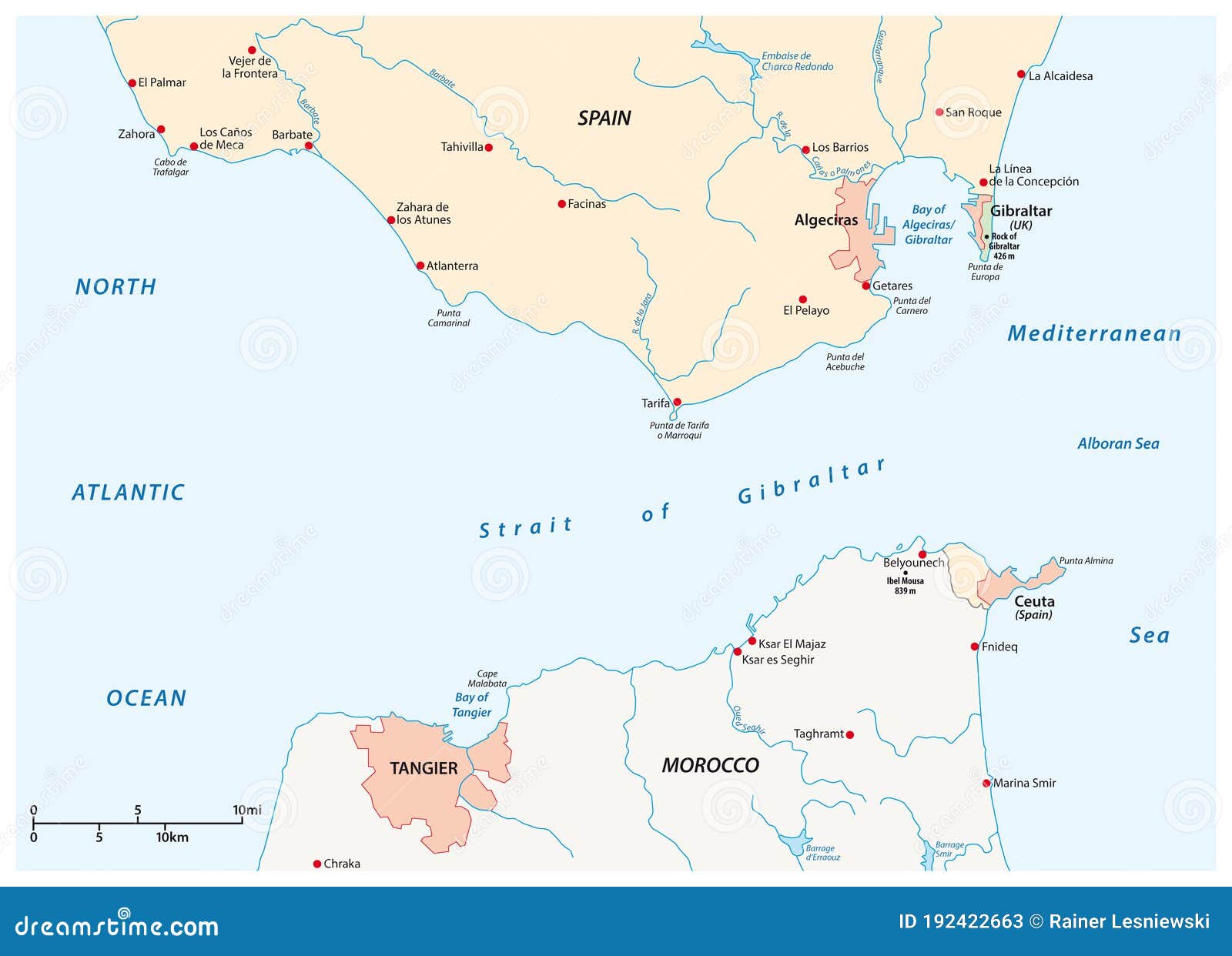 strait of gibraltar, waterway between spain and morocco  map