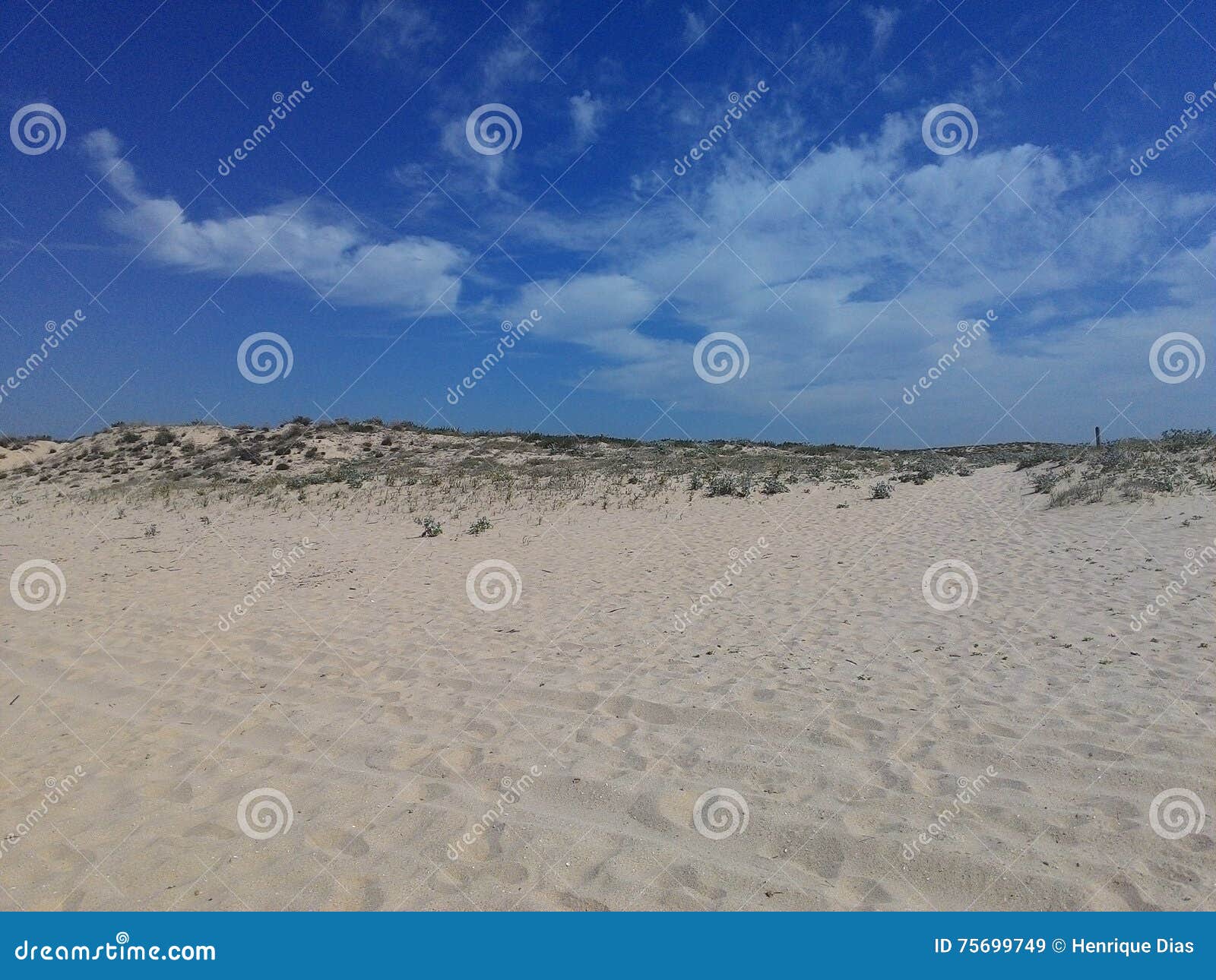 Strand, himmel och vatten. En nätt strand i Algarve med en molnig skinande blå himmel