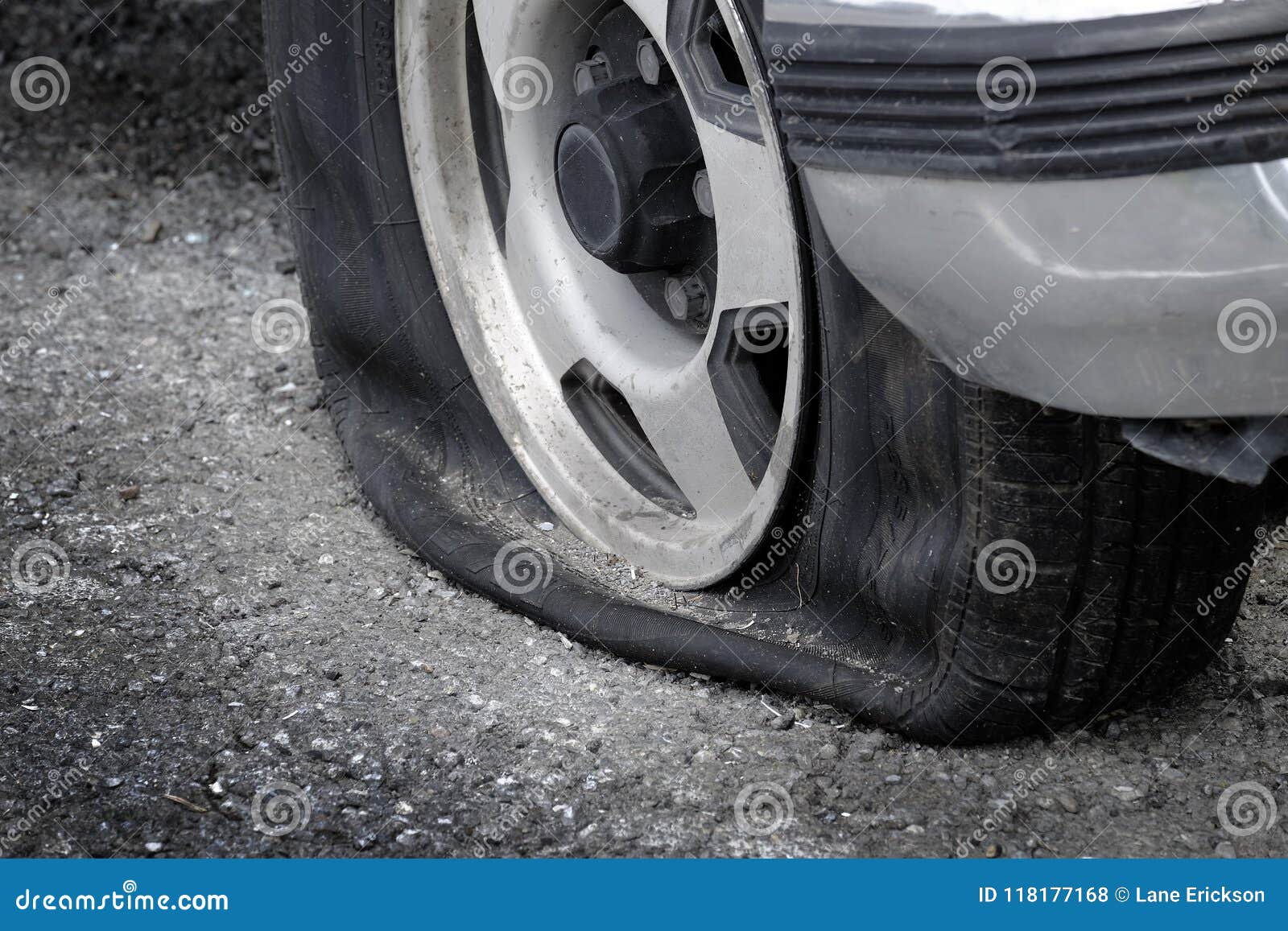Flat Tire Vehicle Car on Road Danger Dangerous Stranded Stock Photo