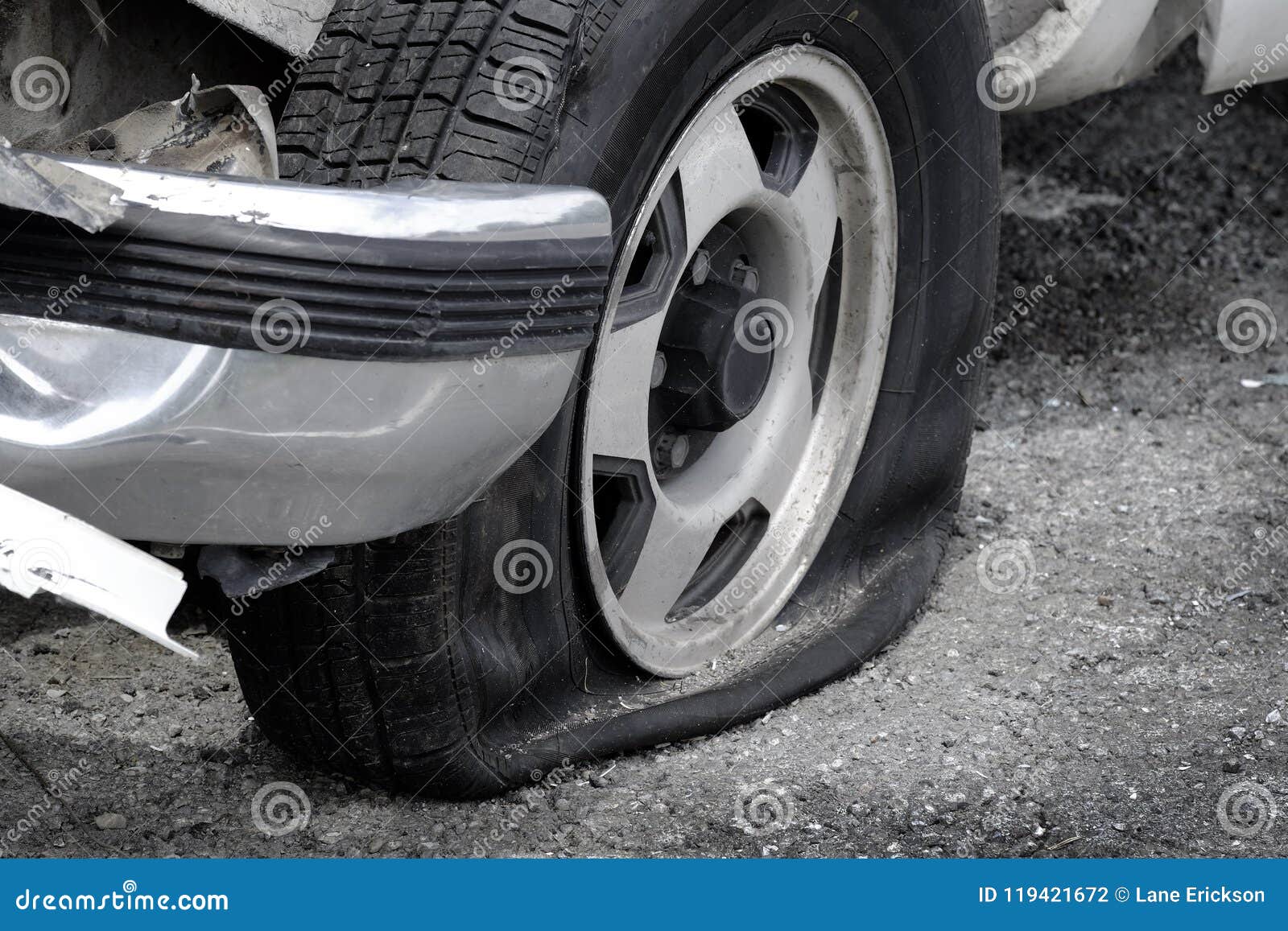 Flat Tire Vehicle Car on Road Danger Dangerous Stranded Stock Photo