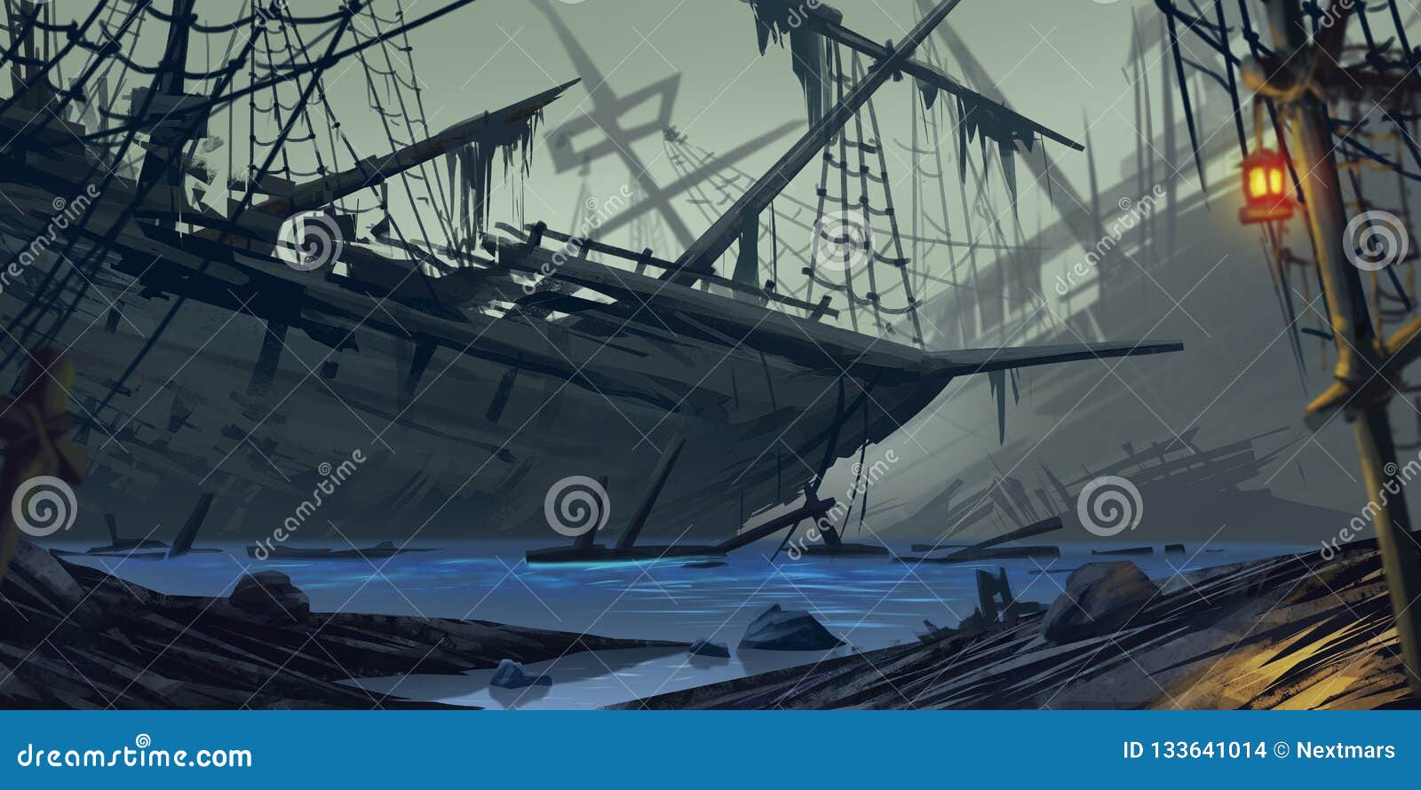 stranded ship. ghost ship. fiction backdrop. concept art. realistic 