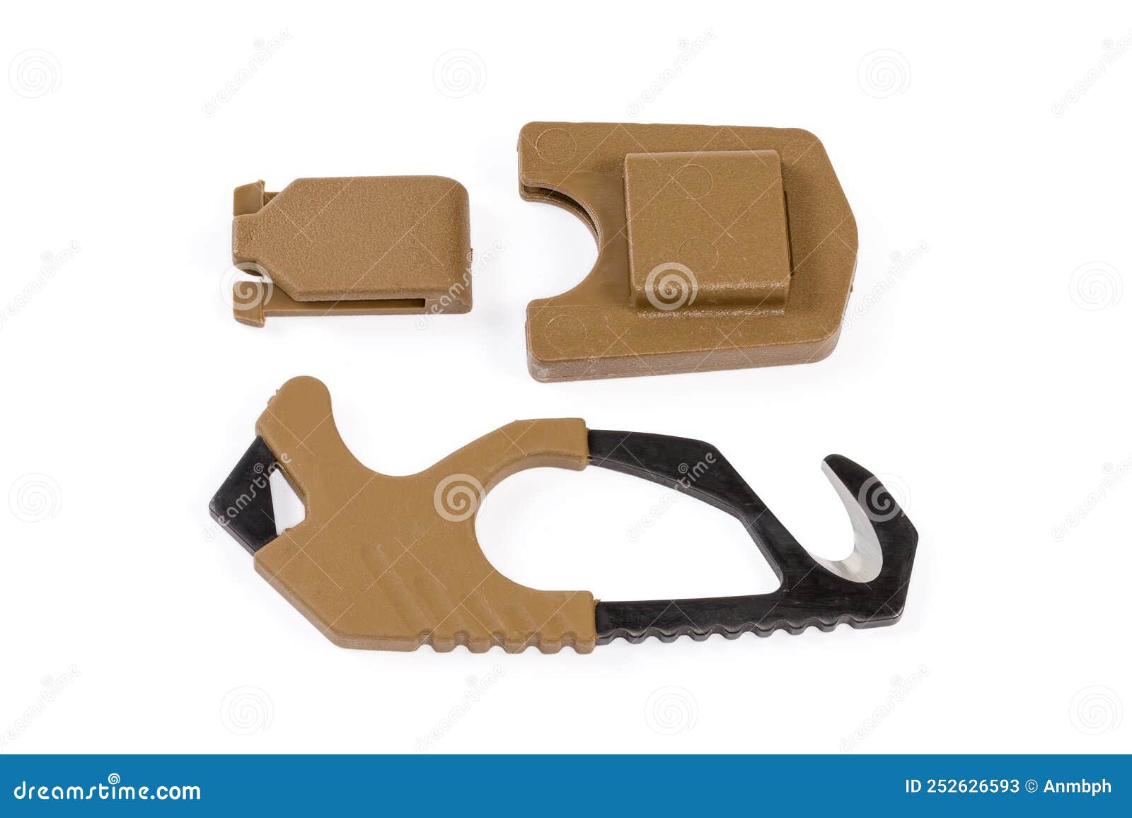 Strap Cutter and Plastic Scabbard, Top View on White Background Stock