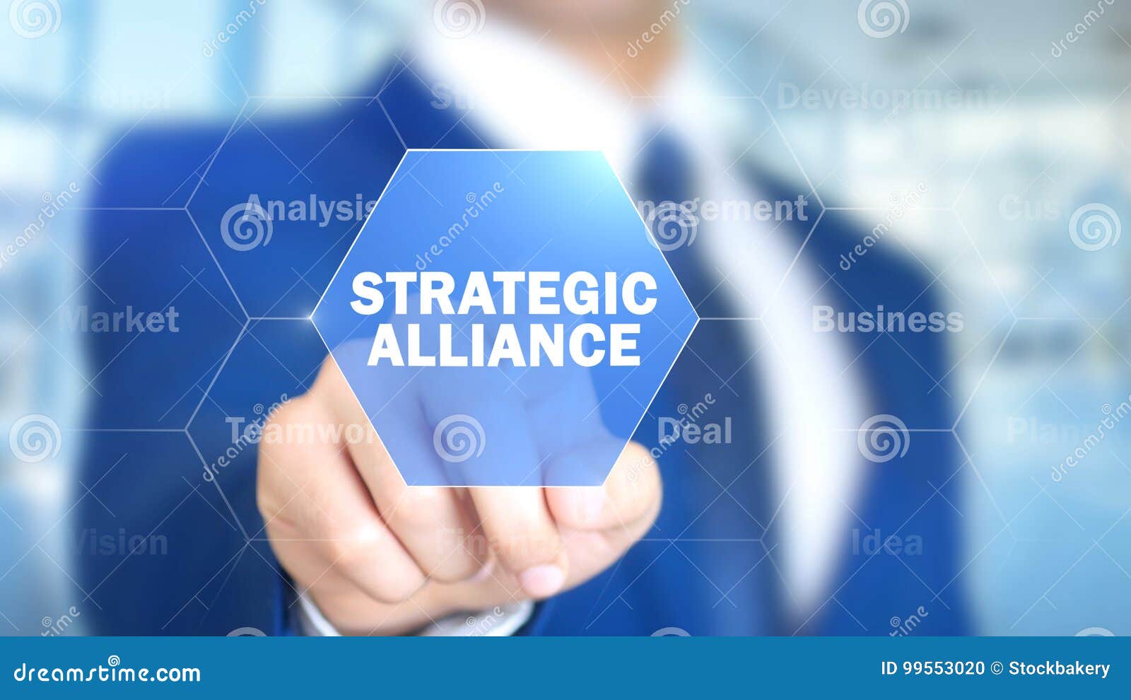 strategic alliance, man working on holographic interface, visual screen