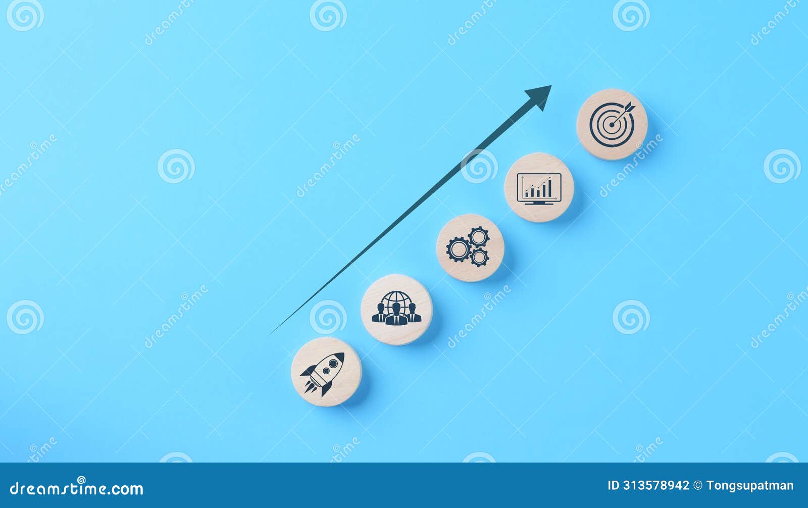 strategic business growth and success path concept. strategic growth path with icons representing teamwork, innovation, and target