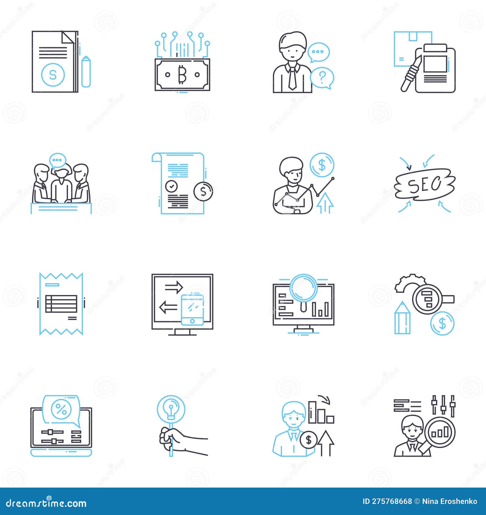 strategic planning linear icons set. forecasting, analysis, goal-setting, vision, execution, resource allocation