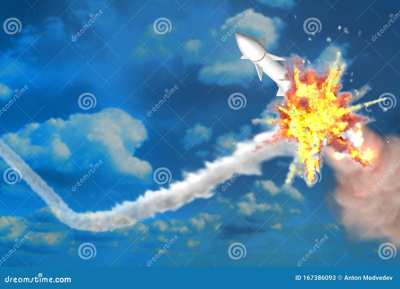 strategic rocket destroyed in air on blue sky background, ballistic warhead interception concept - missile defense military